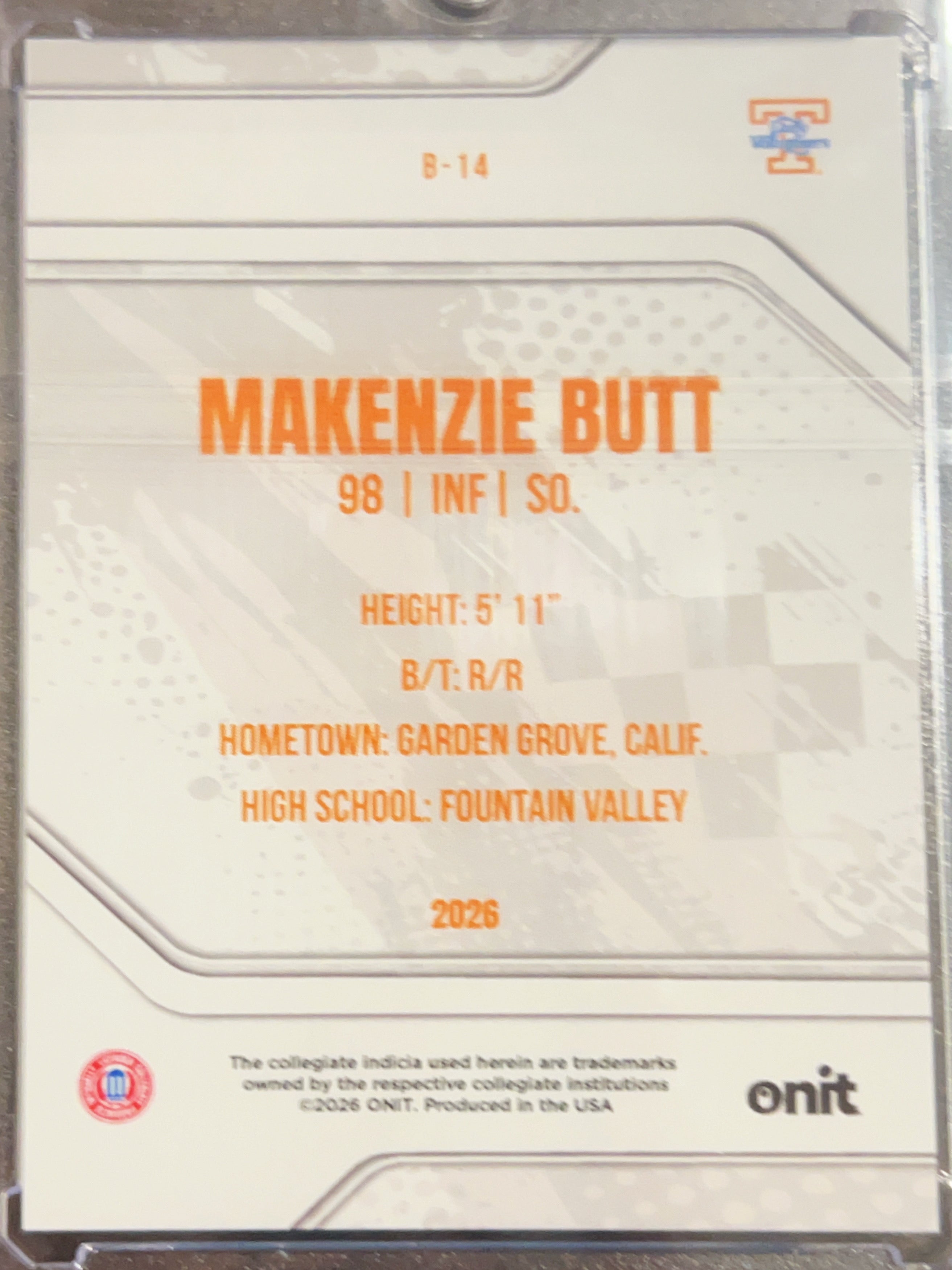 2026 ONIT Tennessee Lady Vols Softball Makenzie Butt #B-14 Orange Sparkle /49