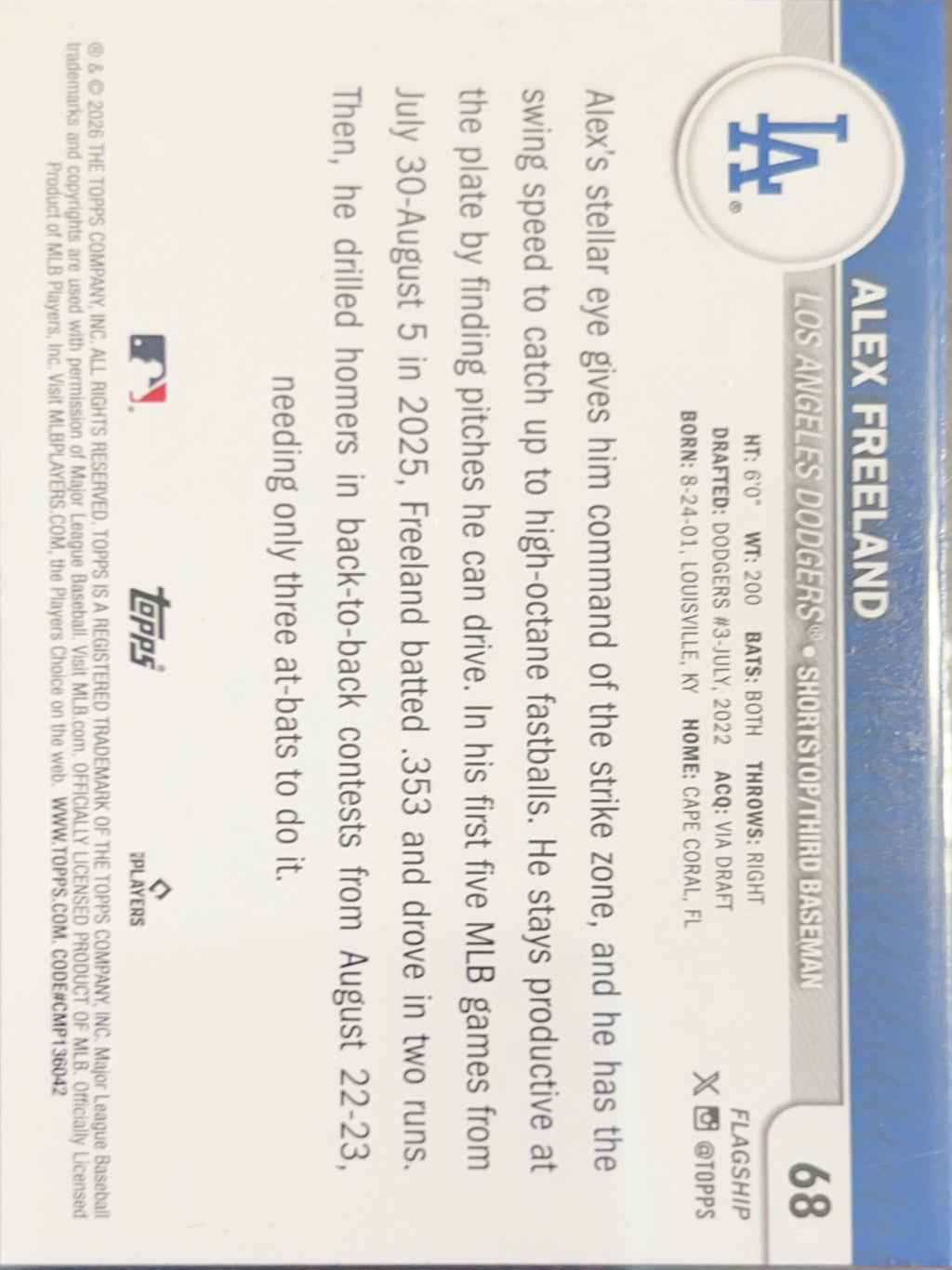 2026 Topps Flagship Alex Freeland #68 RC