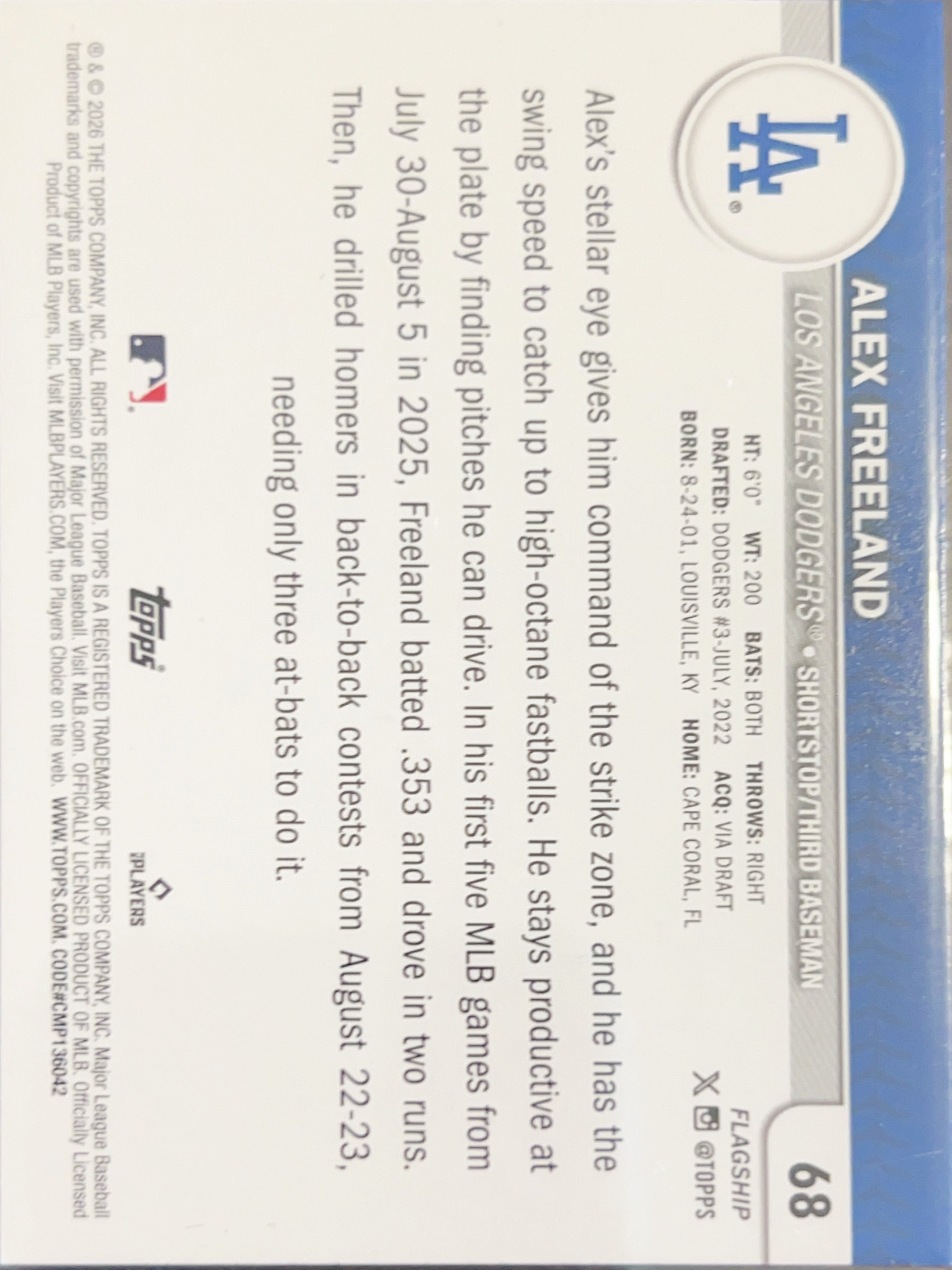 2026 Topps Flagship Alex Freeland #68 RC