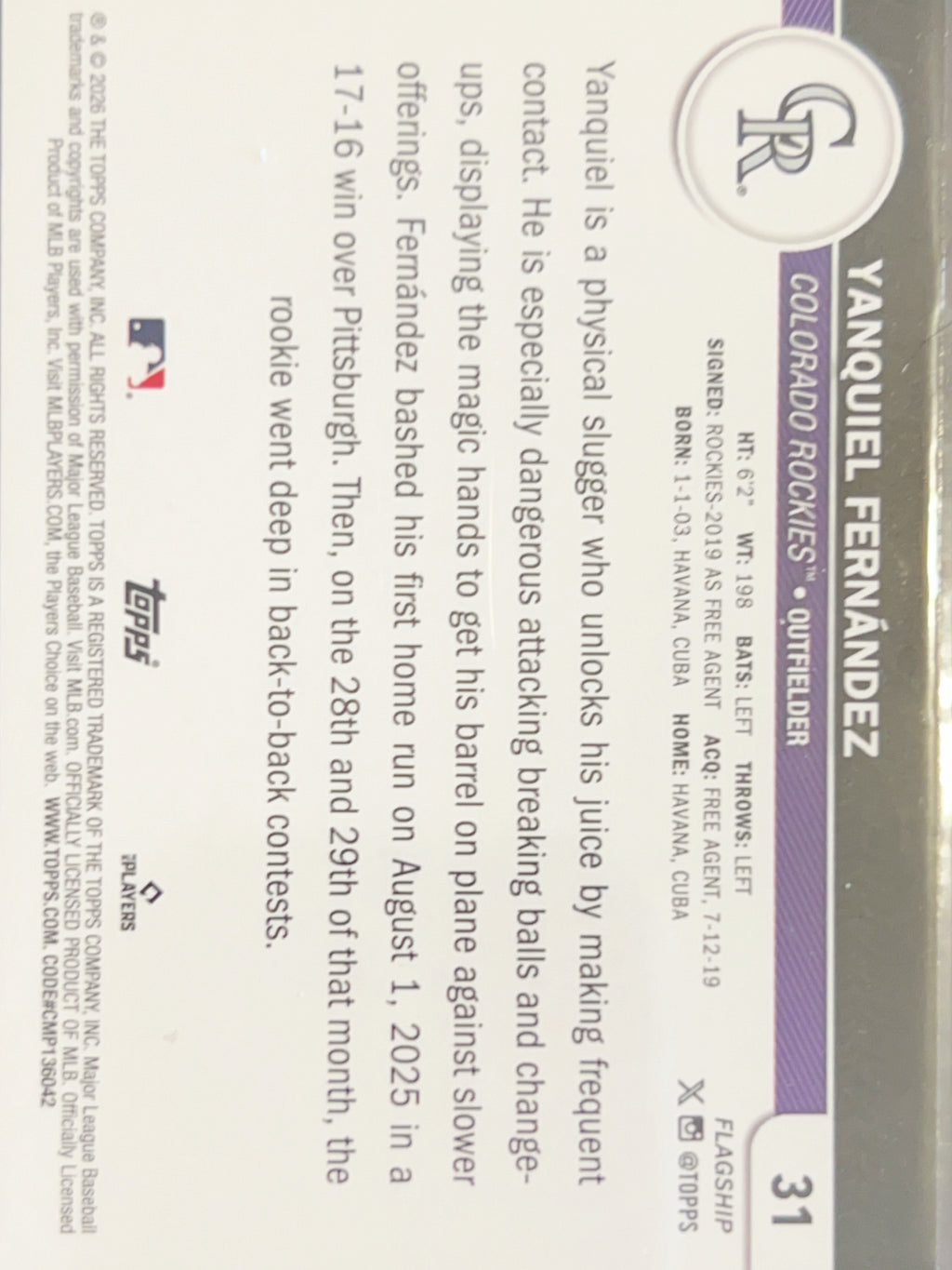 2026 Topps Flagship Yanquiel Fernández #31 RC