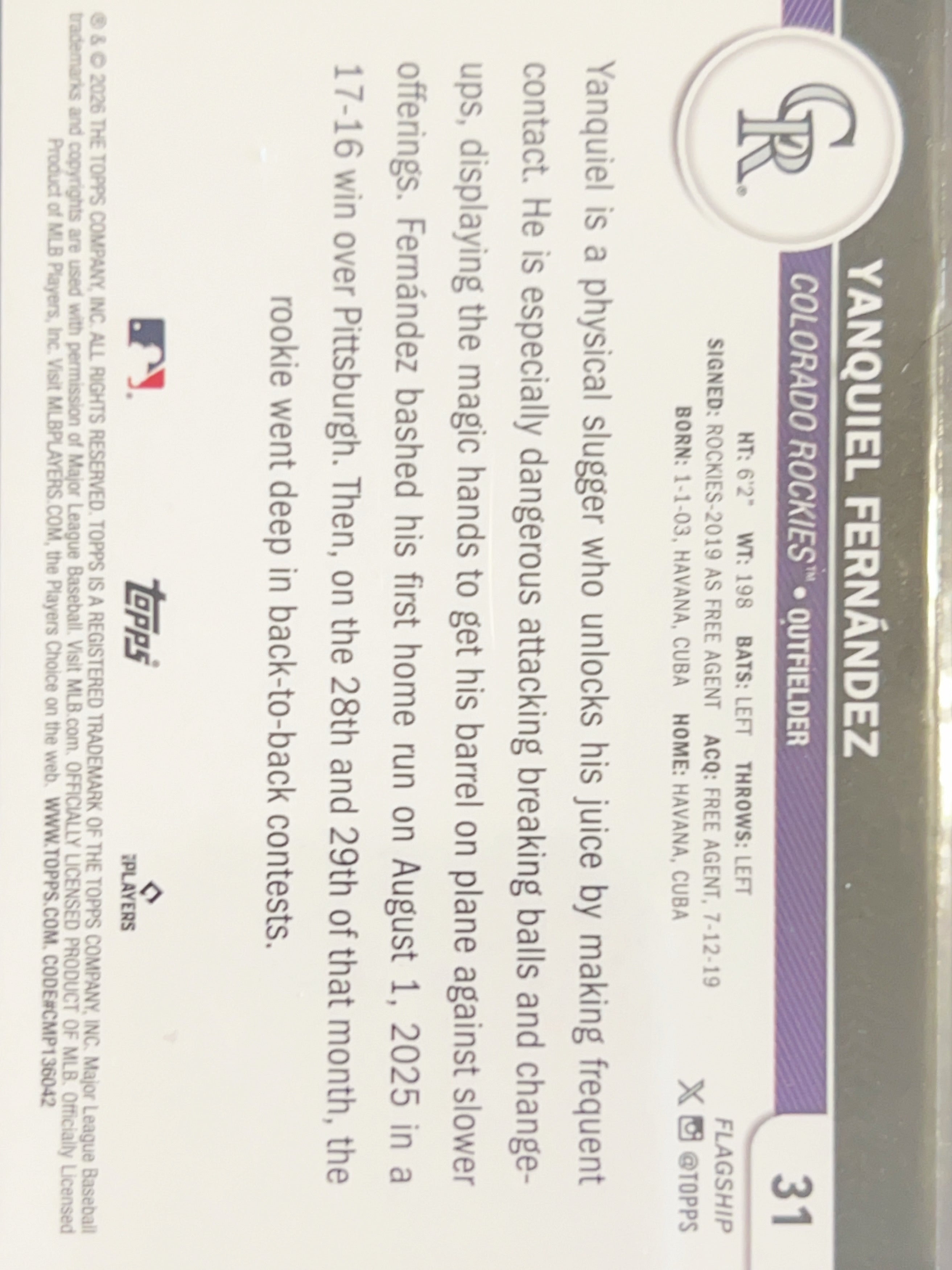 2026 Topps Flagship Yanquiel Fernández #31 RC