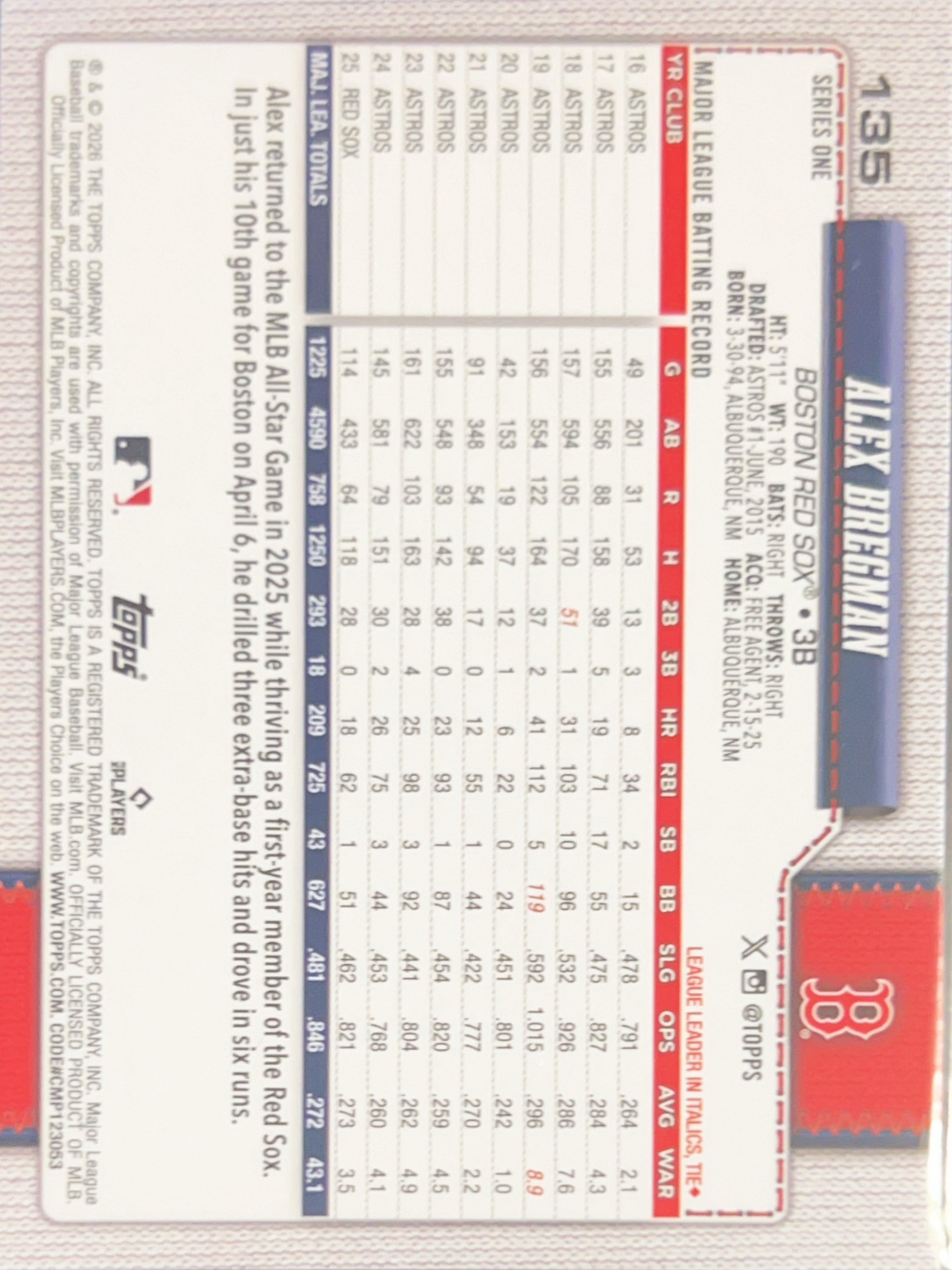 2026 Topps Series One Alex Bregman #135 Sandglitter