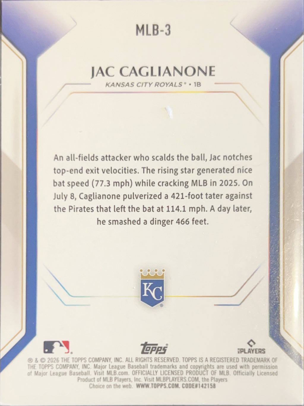 2026 Topps Collectors Kit Jac Caglianone #MLB-3 RC