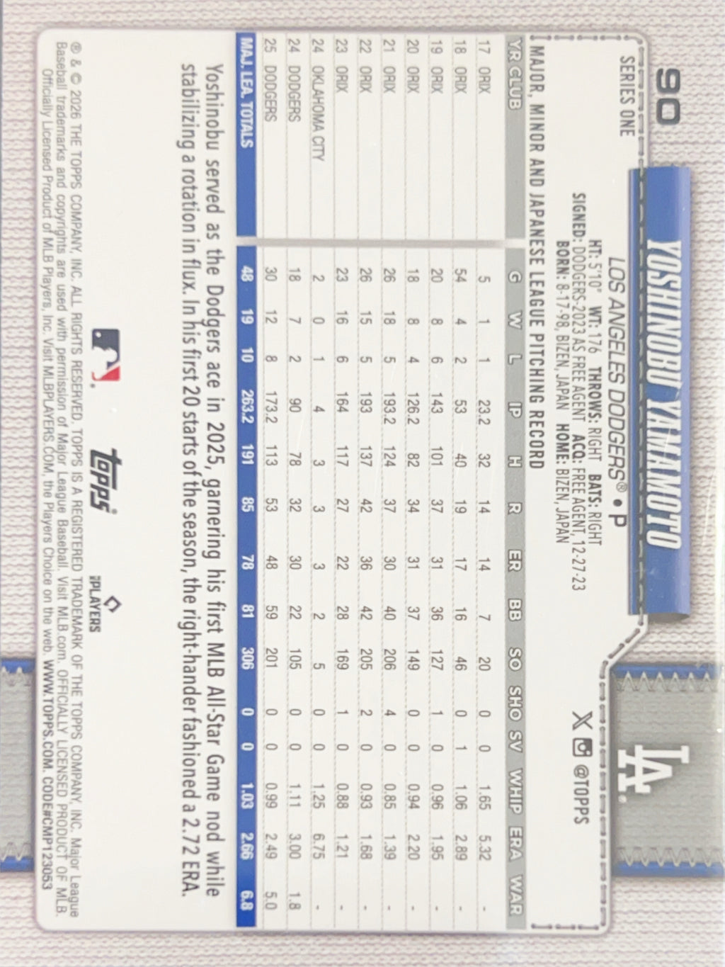 2026 Topps Series One Yoshinobu Yamamoto #90 Silver Foilboard /