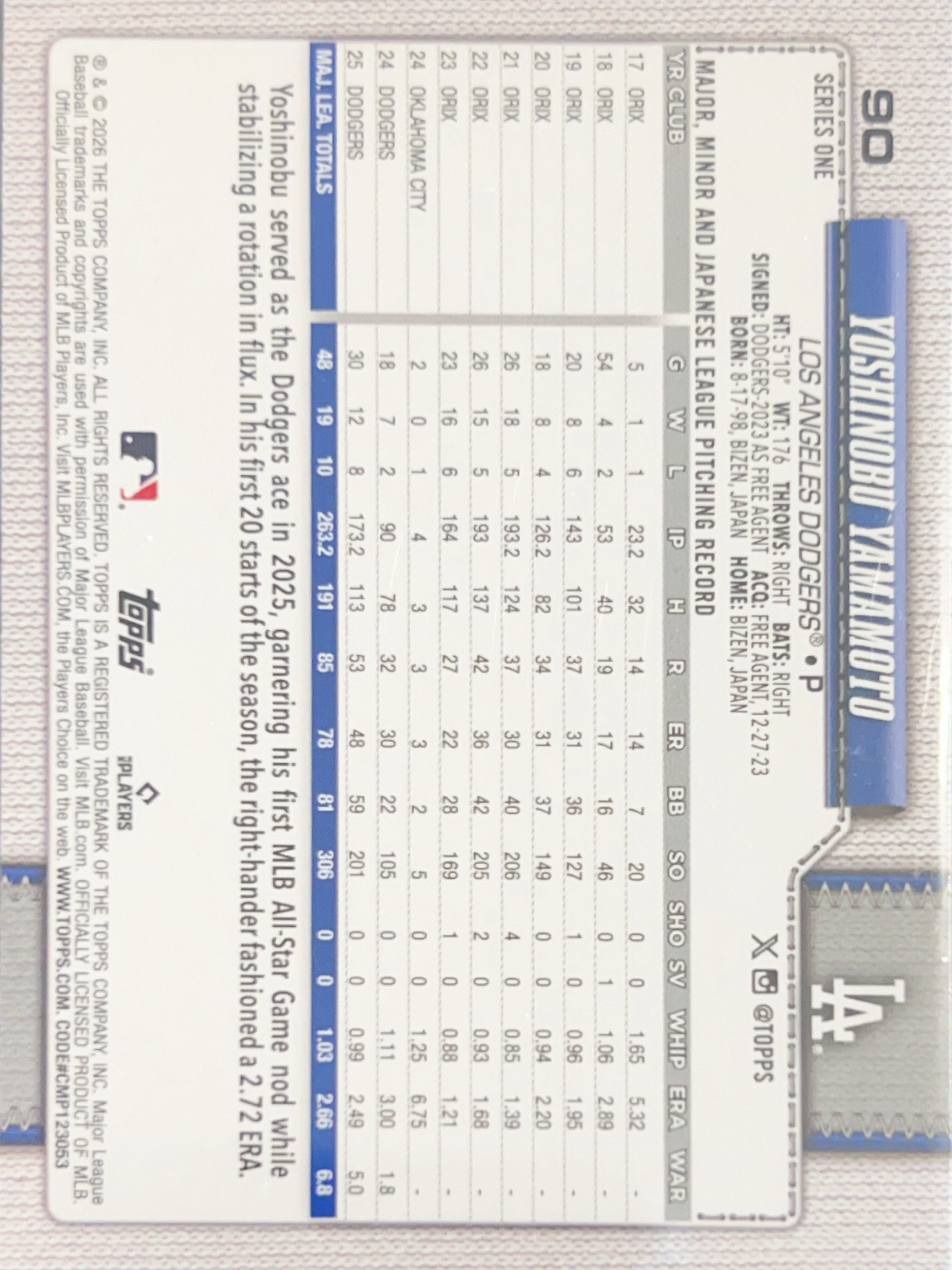 2026 Topps Series One Yoshinobu Yamamoto #90 Silver Foilboard /