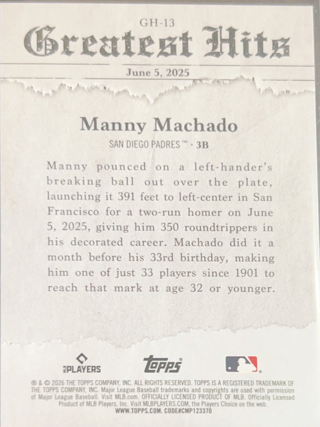 2026 Topps Greatest Hits Manny Machado #GH-13