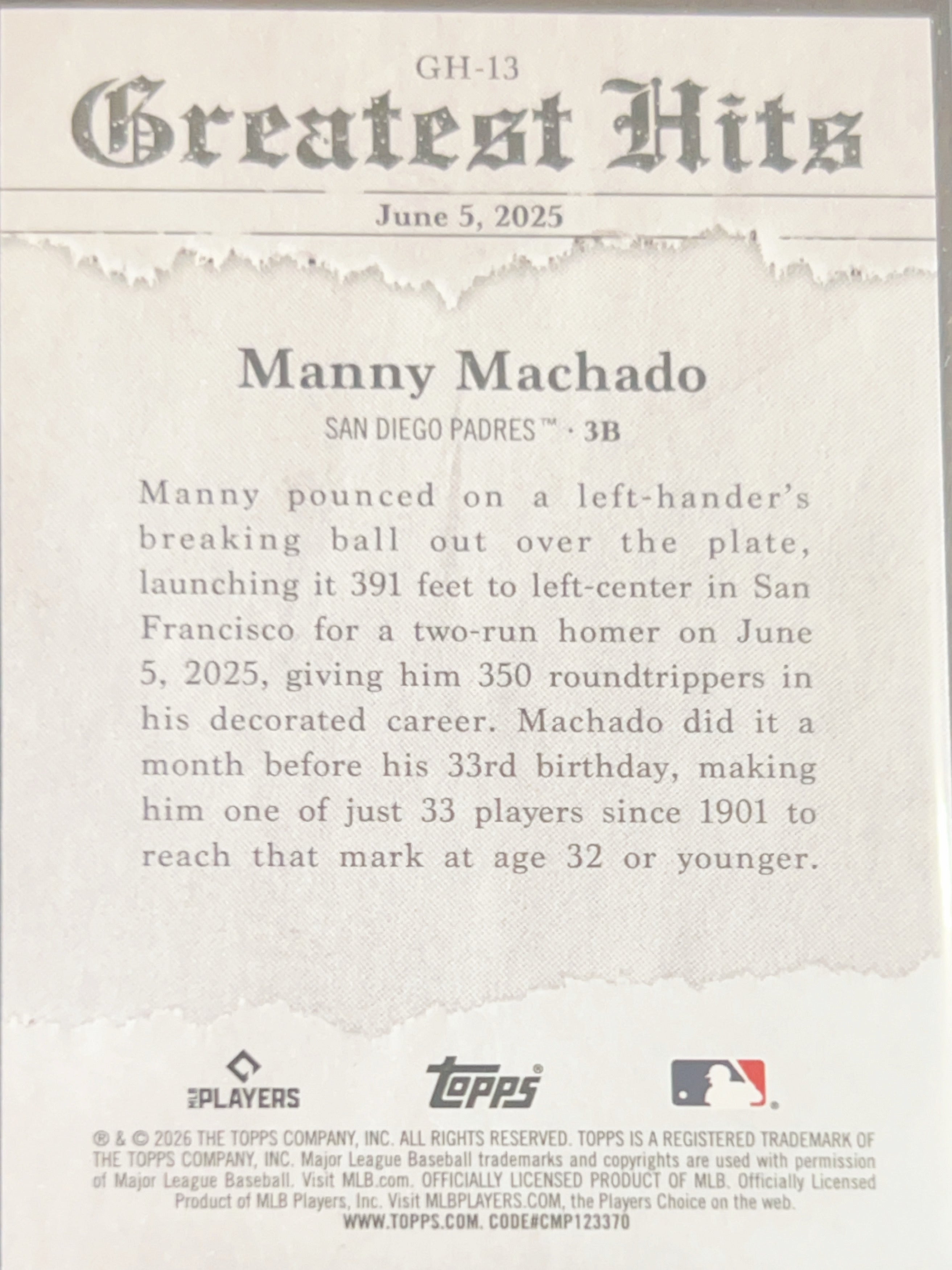 2026 Topps Greatest Hits Manny Machado #GH-13