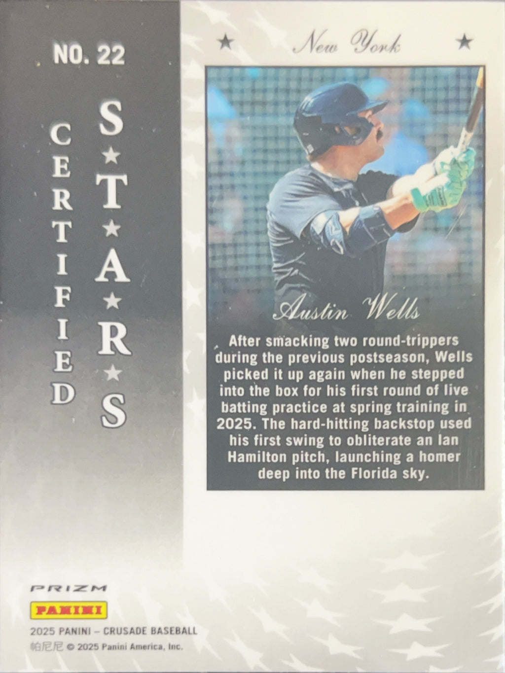 2025 Panini Prizm Crusade Baseball Austin Wells #22 Silver Holo Certified Stars