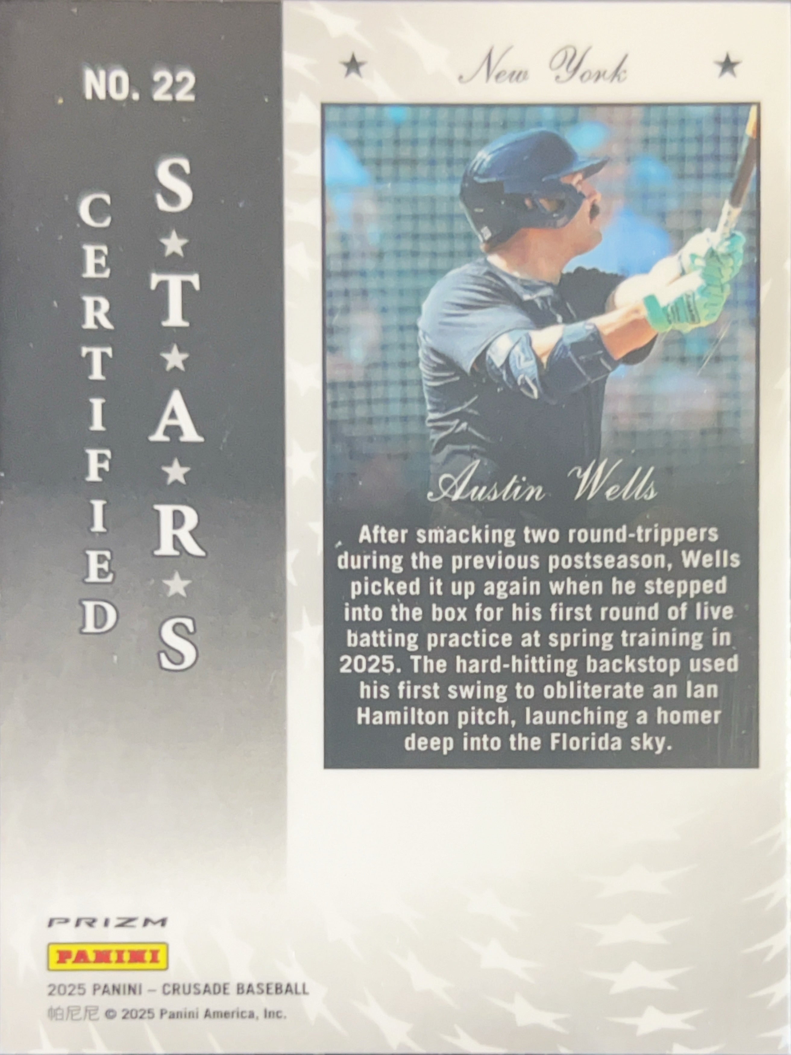 2025 Panini Prizm Crusade Baseball Austin Wells #22 Silver Holo Certified Stars