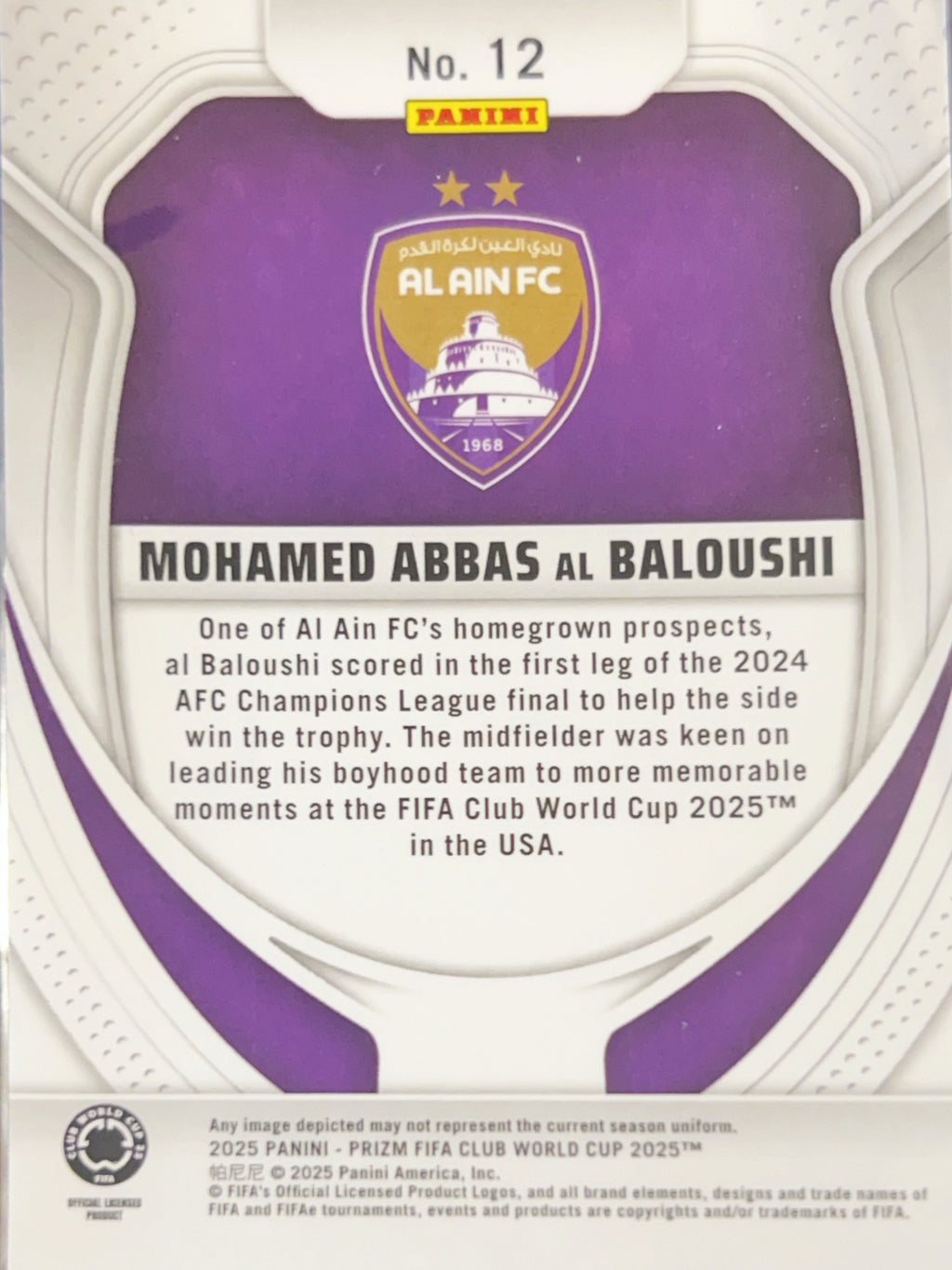 2025 Panini Prizm FIFA Club World Cup Mohamed Abbas Al Baloushi #12 Purple RC