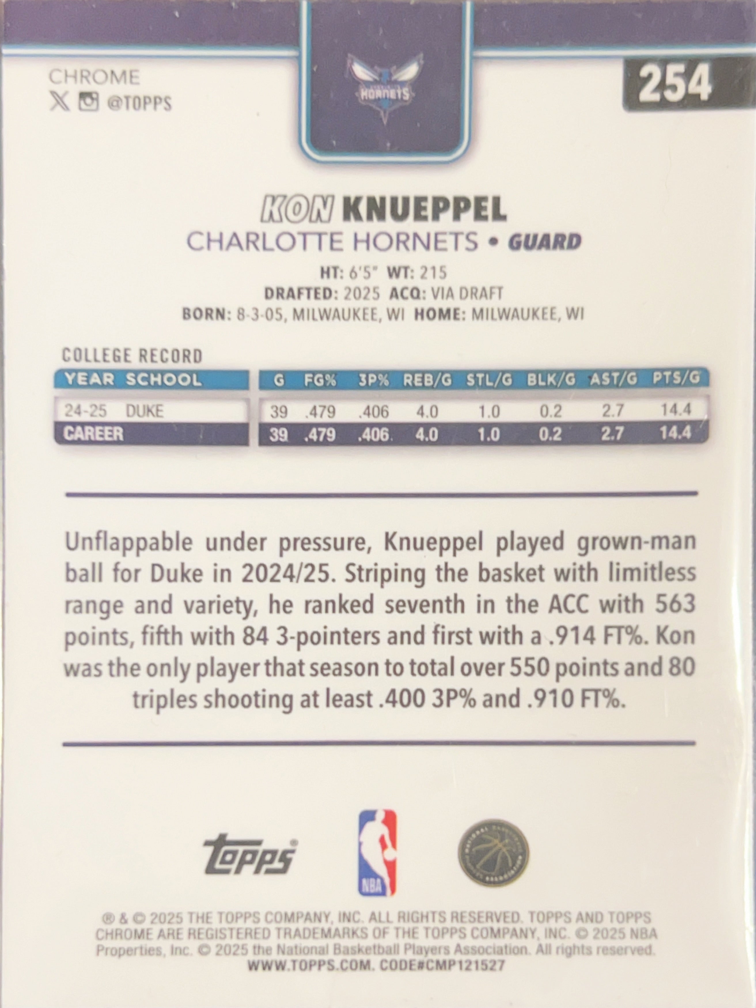 2025 Topps Chrome Kon Knueppel #254 Prizm RC
