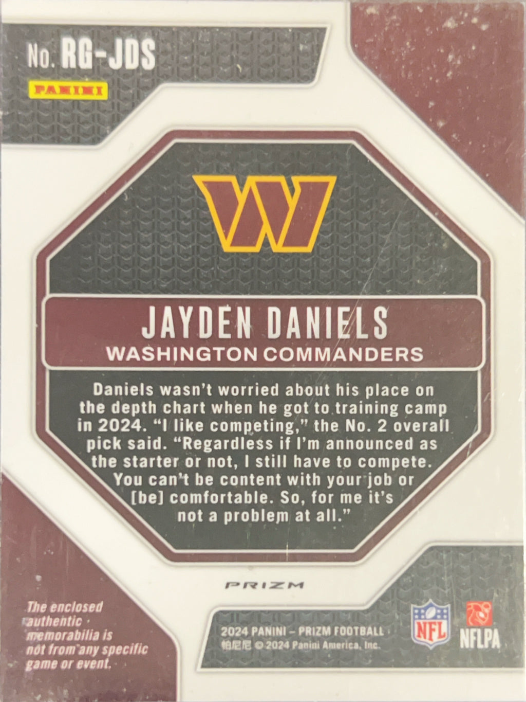 2024 Panini Prizm Rookie Gear Jayden Daniels #RG-JDS RC Memorabilia