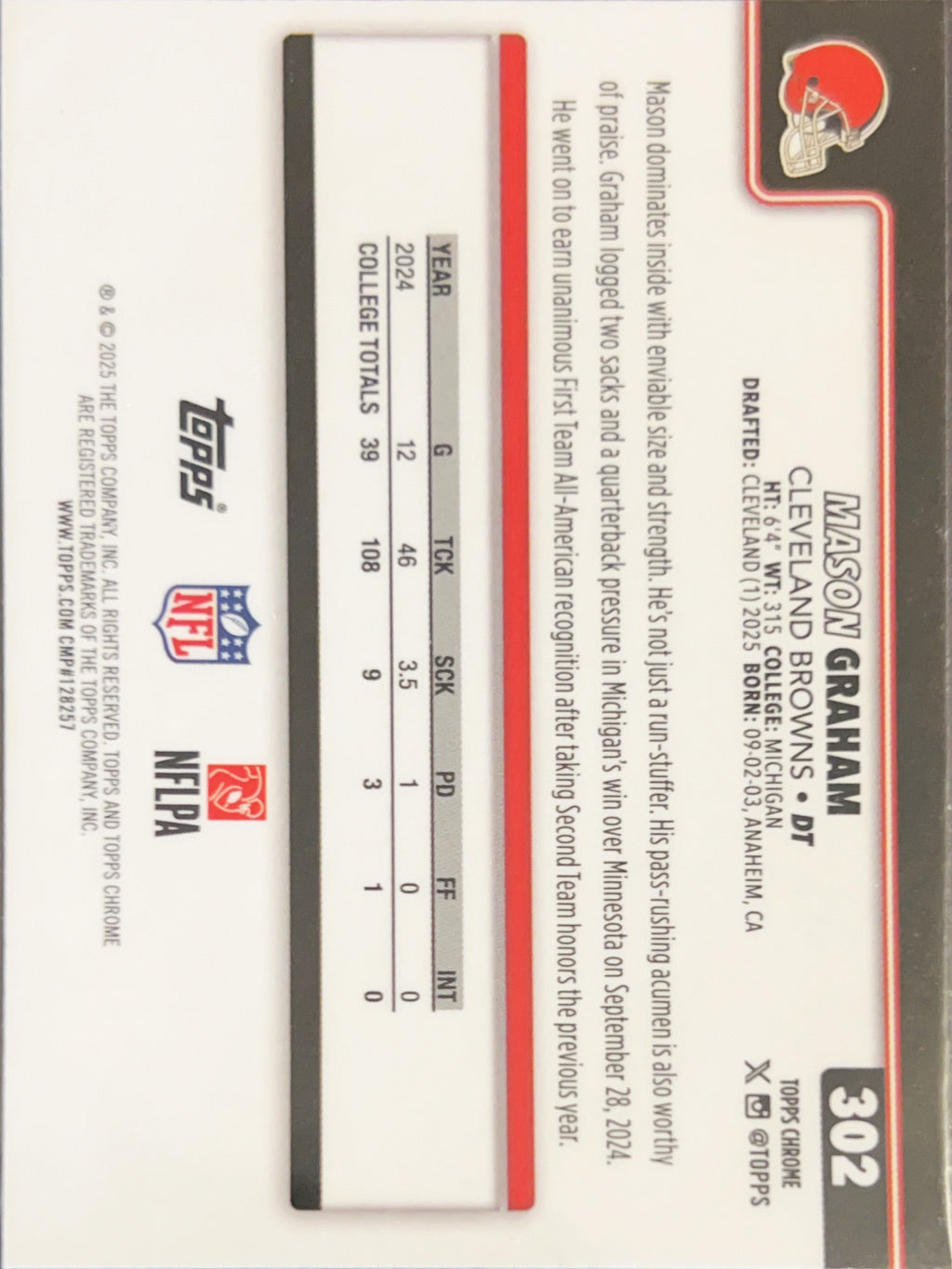 2025 Topps Chrome Mason Graham #302 Prizm RC