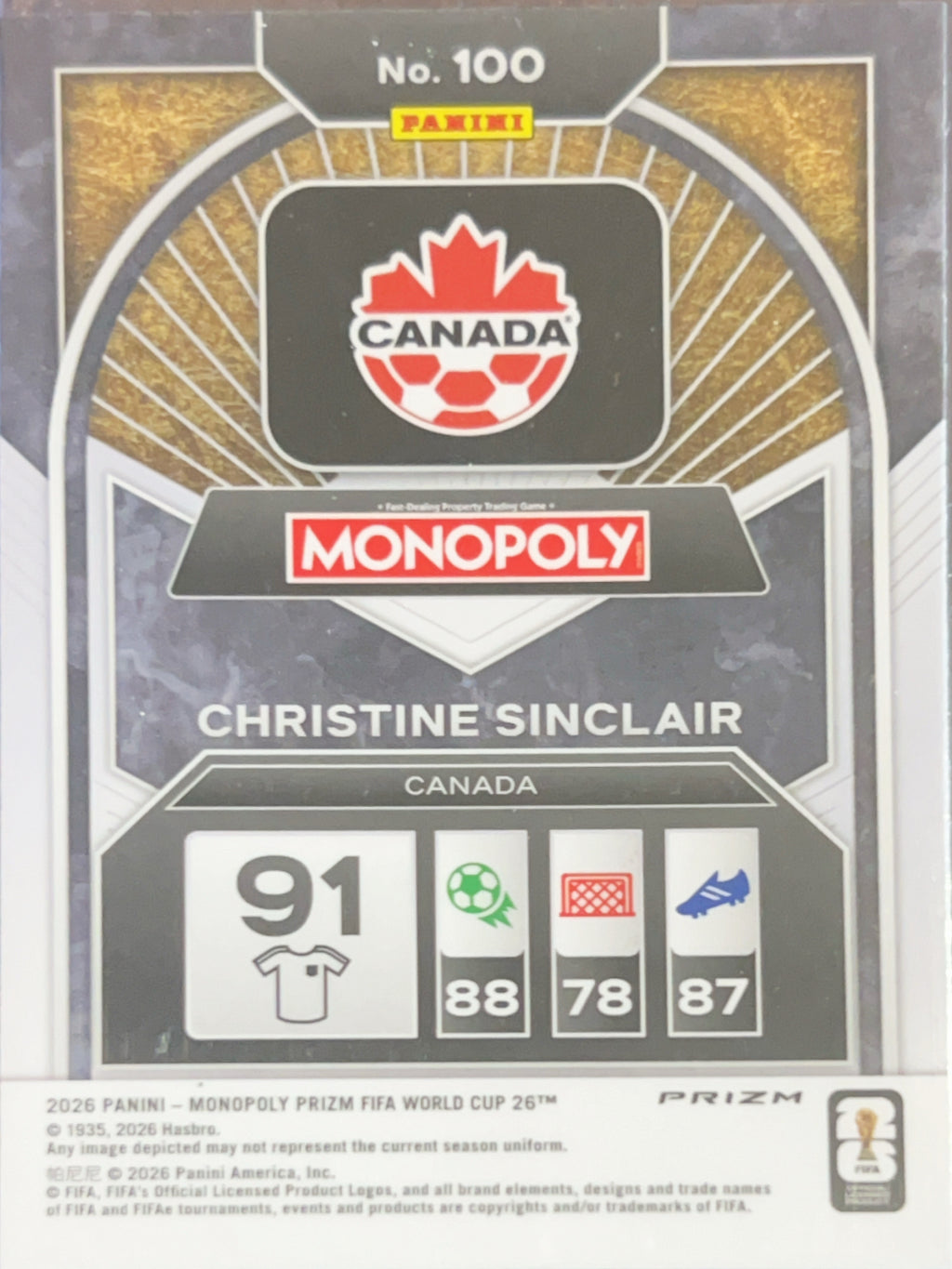 2026 Panini Monopoly Prizm FIFA World Cup 26 Christine Sinclair #100 Green