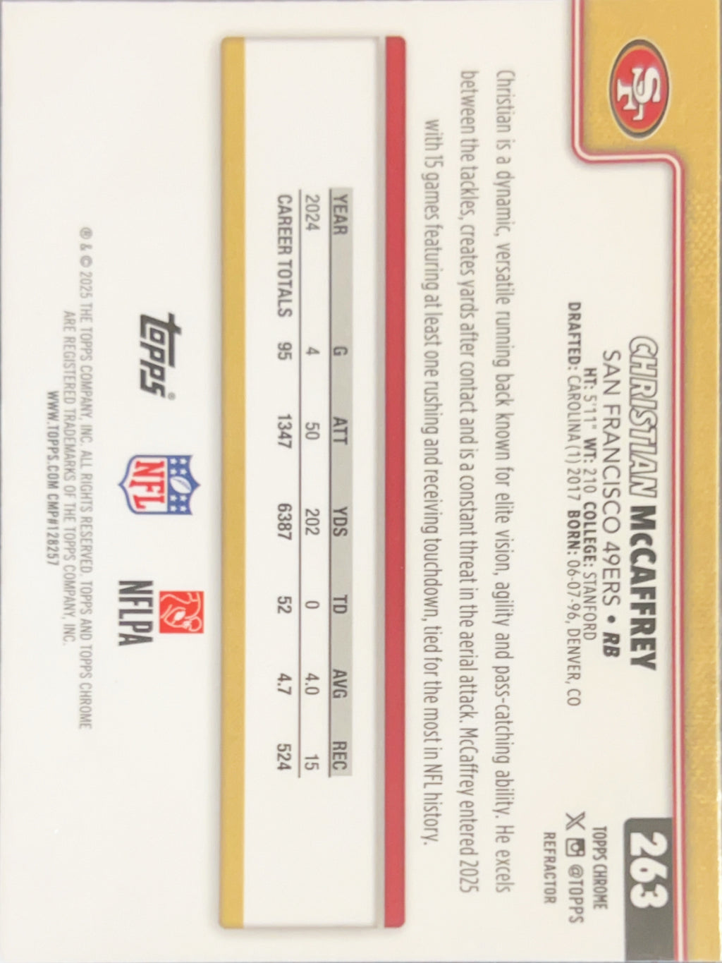 2025 Topps Chrome Christian McCaffrey #263 Refractor