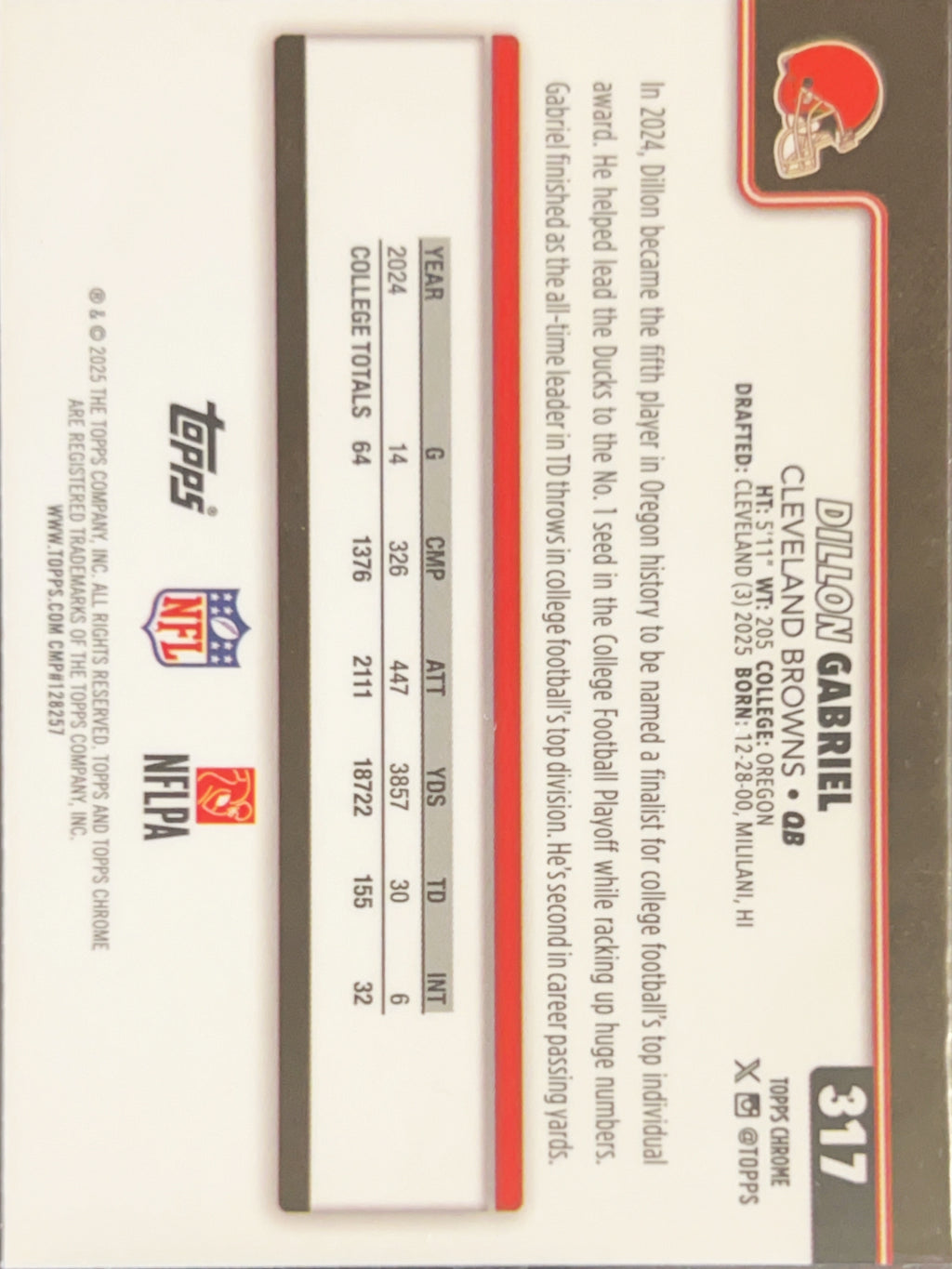 2025 Topps Chrome Dillon Gabriel #317 RC