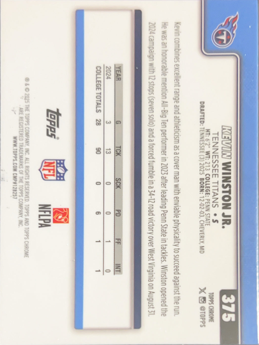 2025 Topps Chrome Kevin Winston Jr. #375 RC