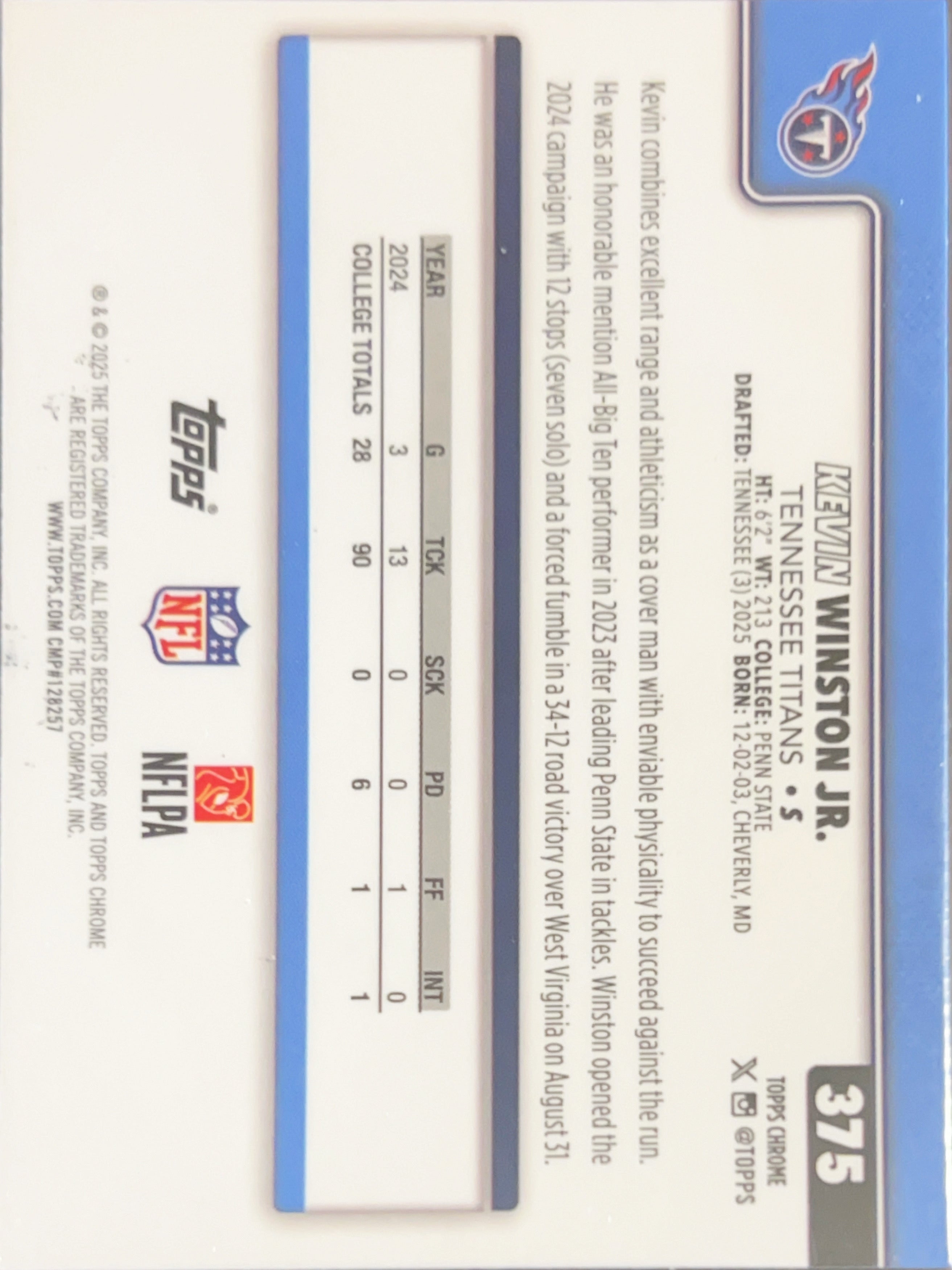2025 Topps Chrome Kevin Winston Jr. #375 RC
