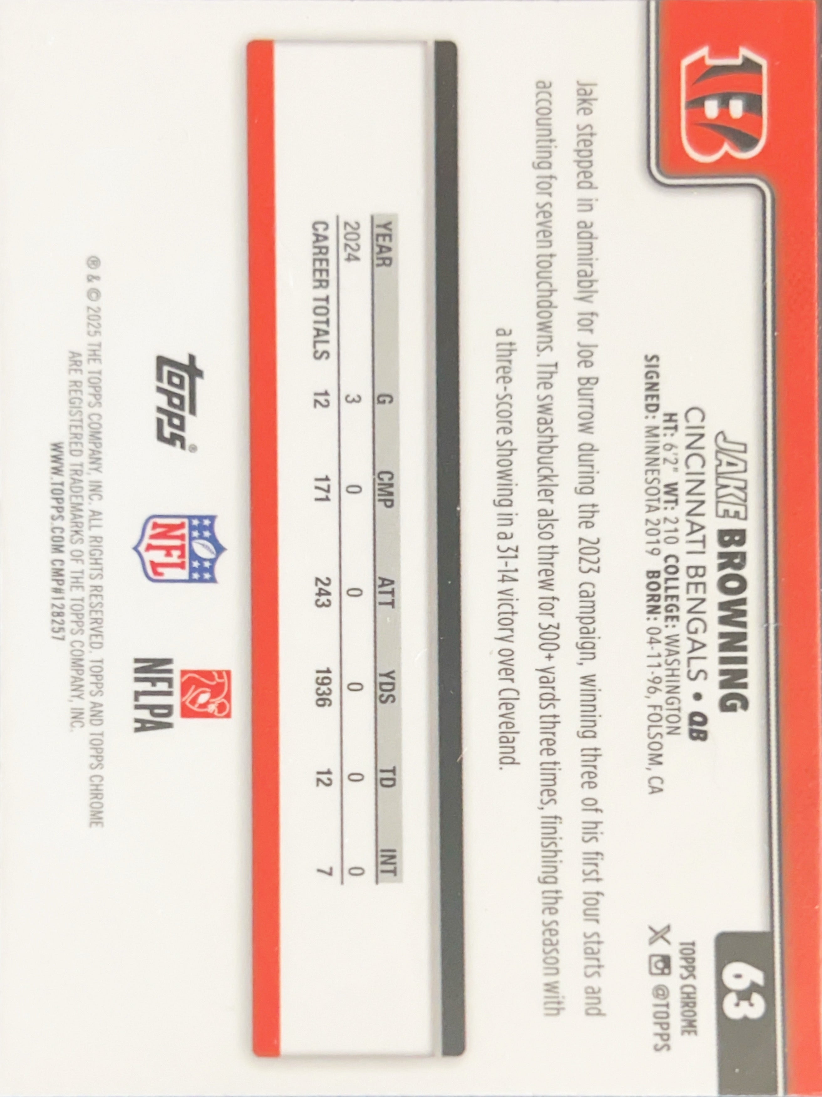 2025 Topps Chrome Jake Browning #63 Red Leather