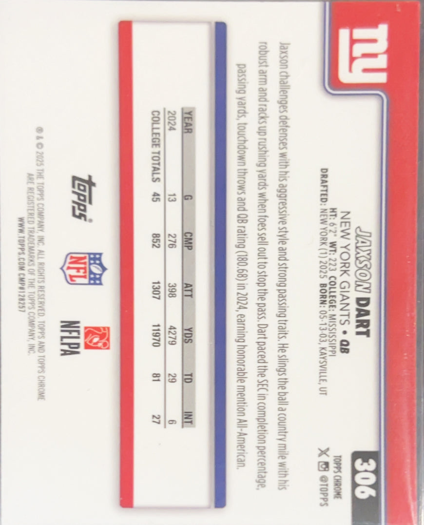 2025 Topps Chrome Jaxson Dart #306 Refractor RC