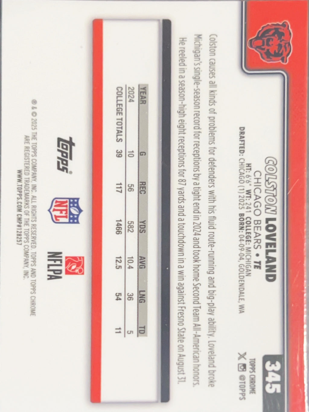 2025 Topps Chrome Colston Loveland #345 RC