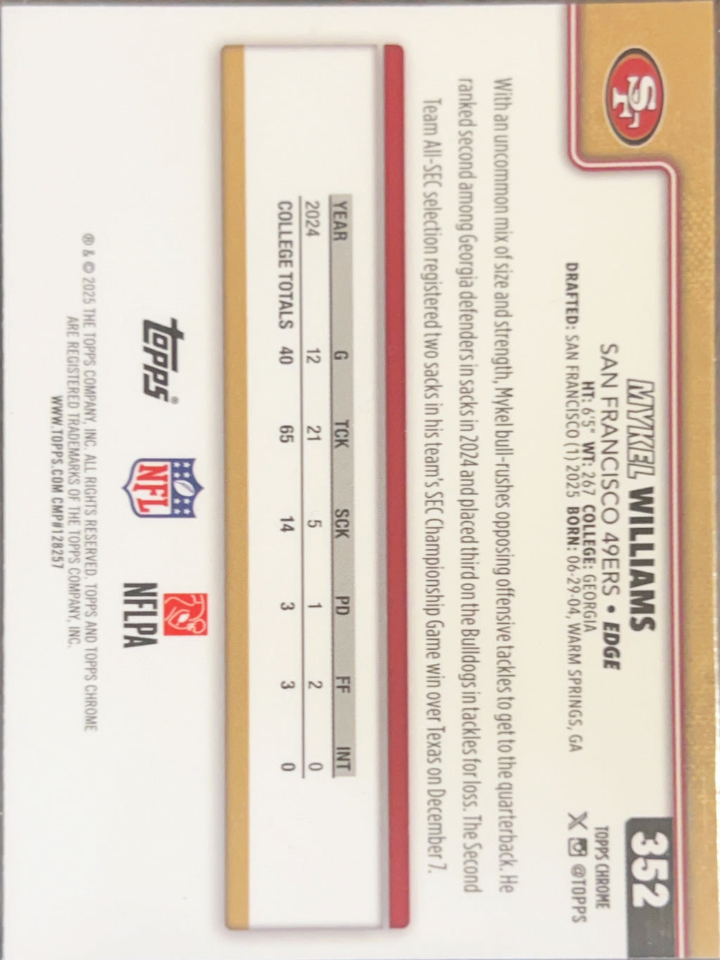 2025 Topps Chrome Mykel Williams #352 RC