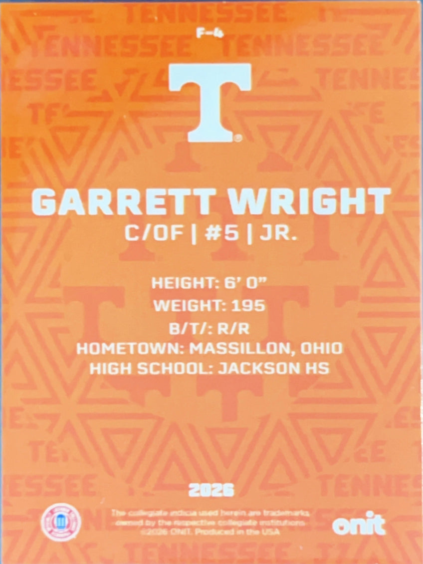 2026 ONIT Tennessee Baseball Garrett Wright #F-4