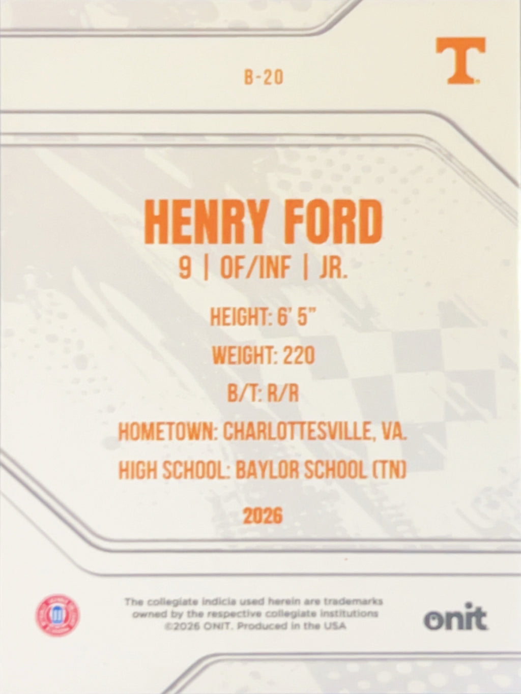 2026 ONIT Tennessee Baseball Henry Ford #B-20