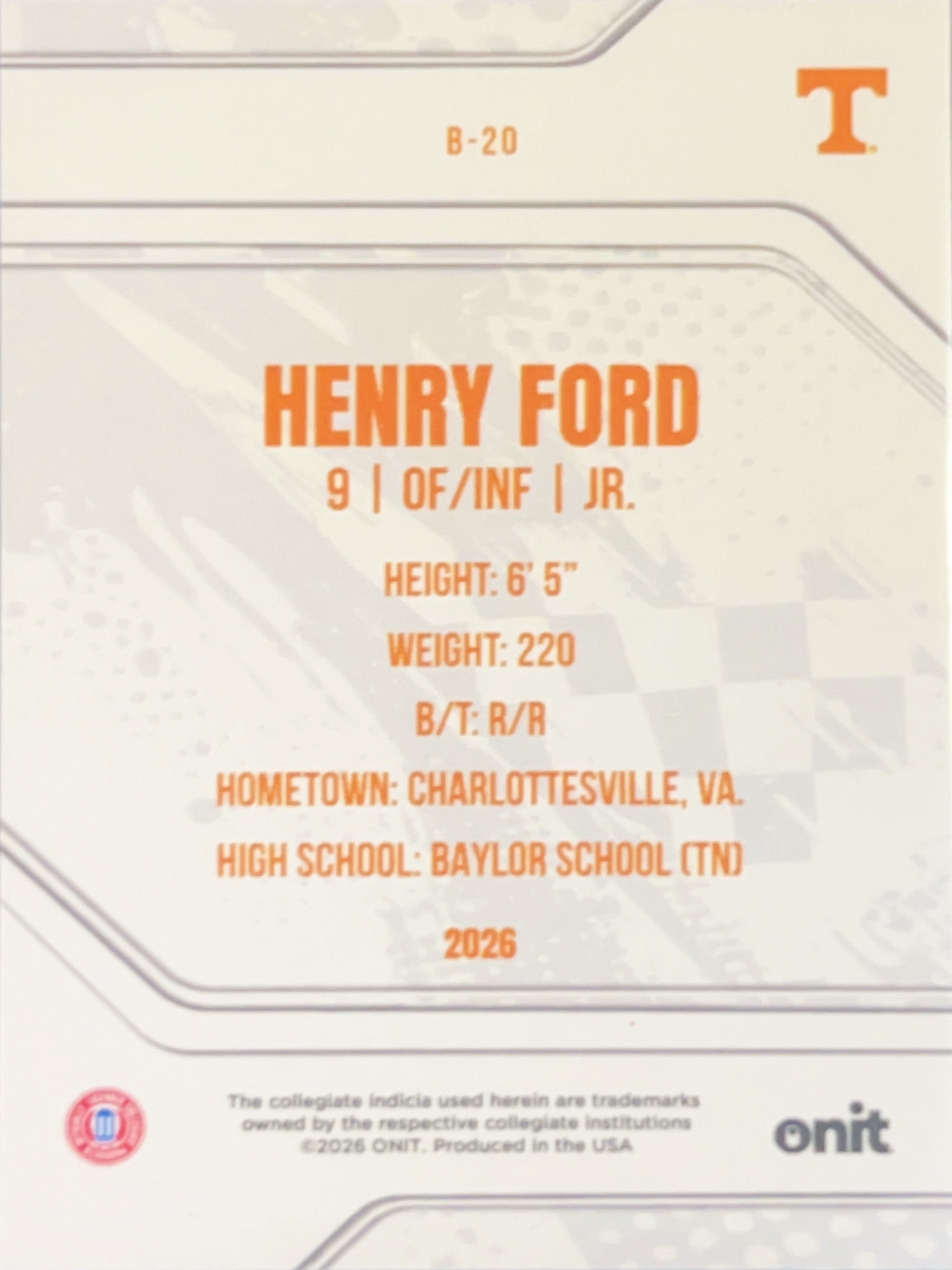 2026 ONIT Tennessee Baseball Henry Ford #B-20