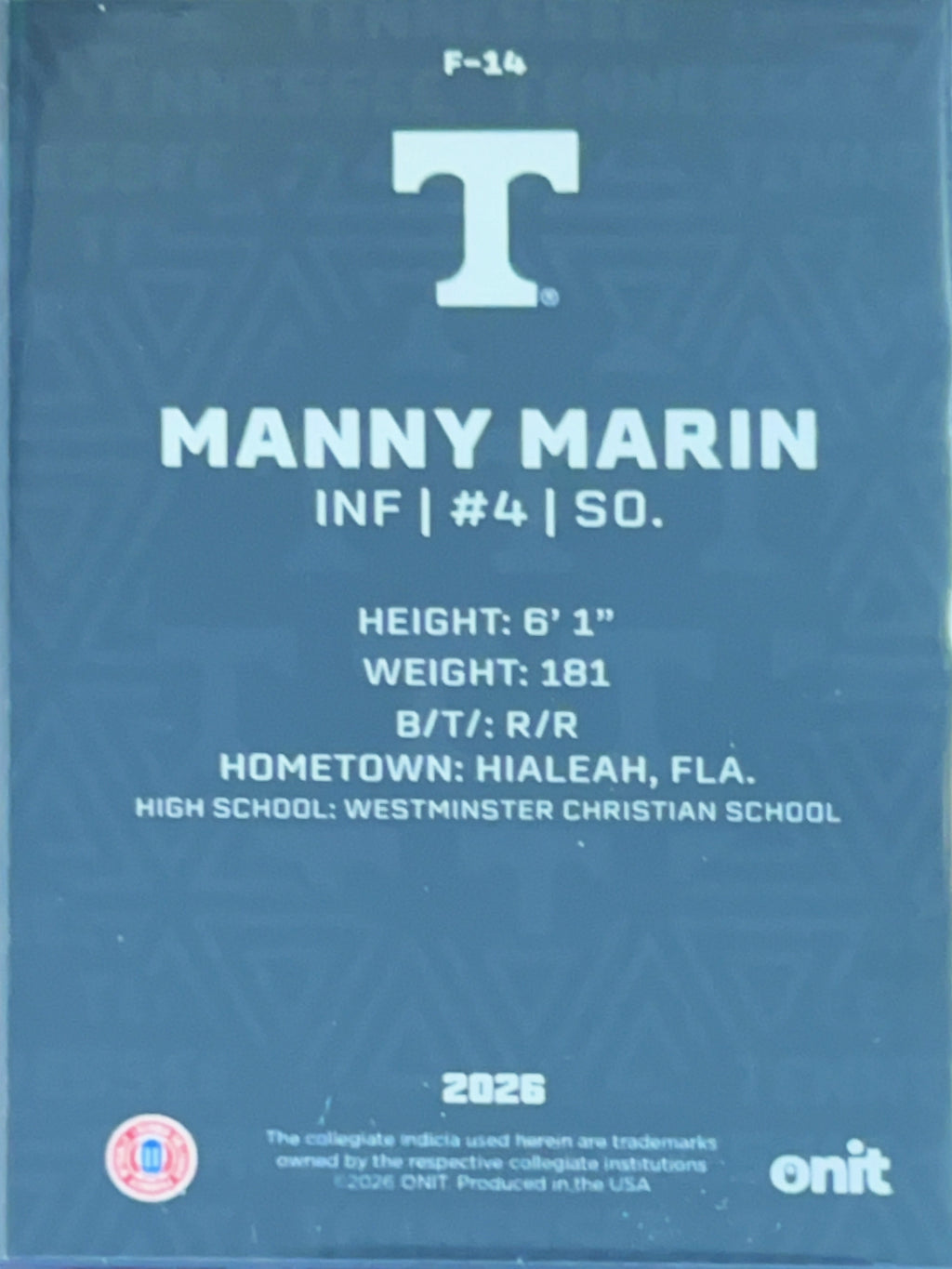 2026 ONIT Tennessee Baseball Manny Marin #F-14