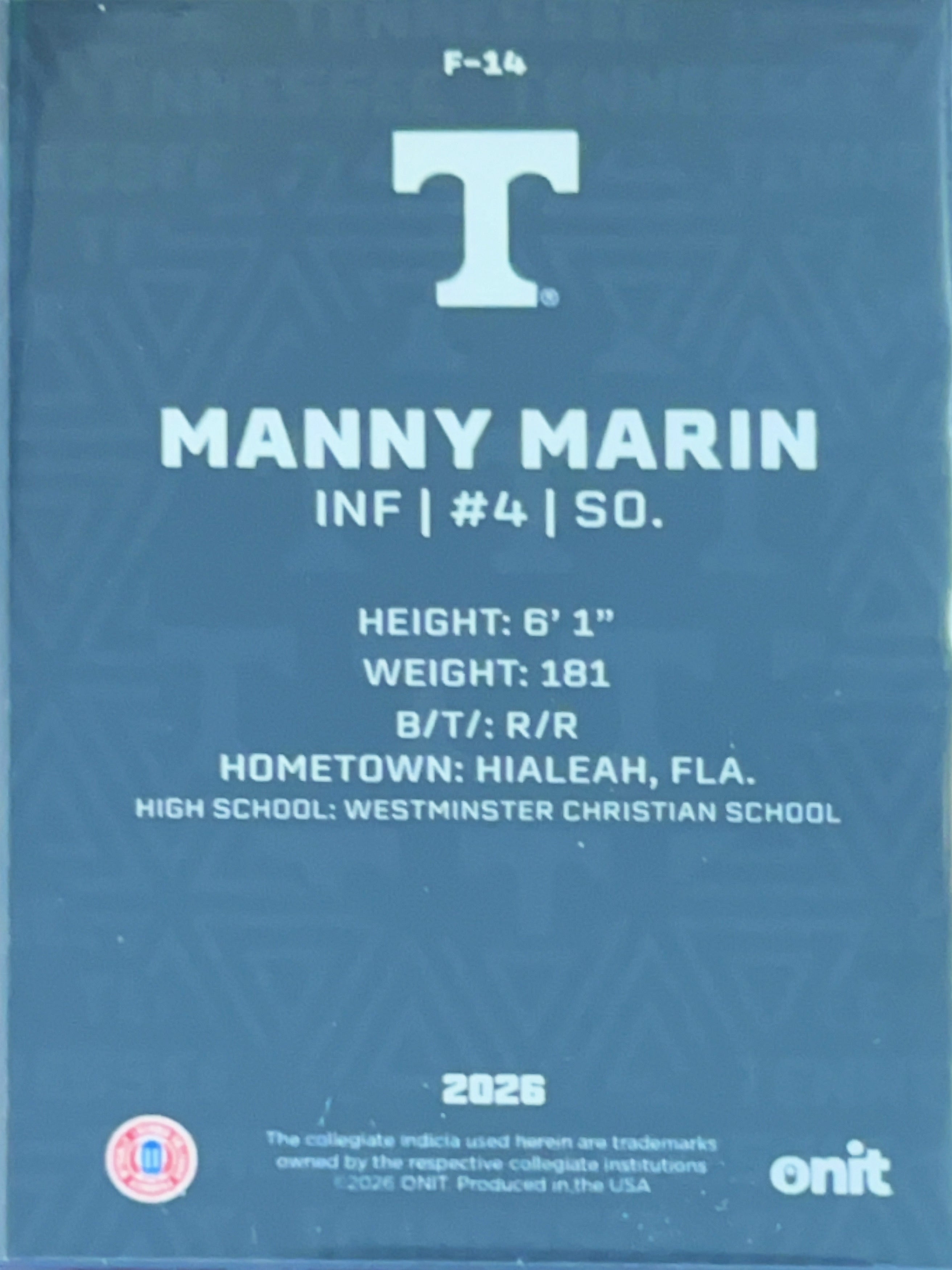 2026 ONIT Tennessee Baseball Manny Marin #F-14