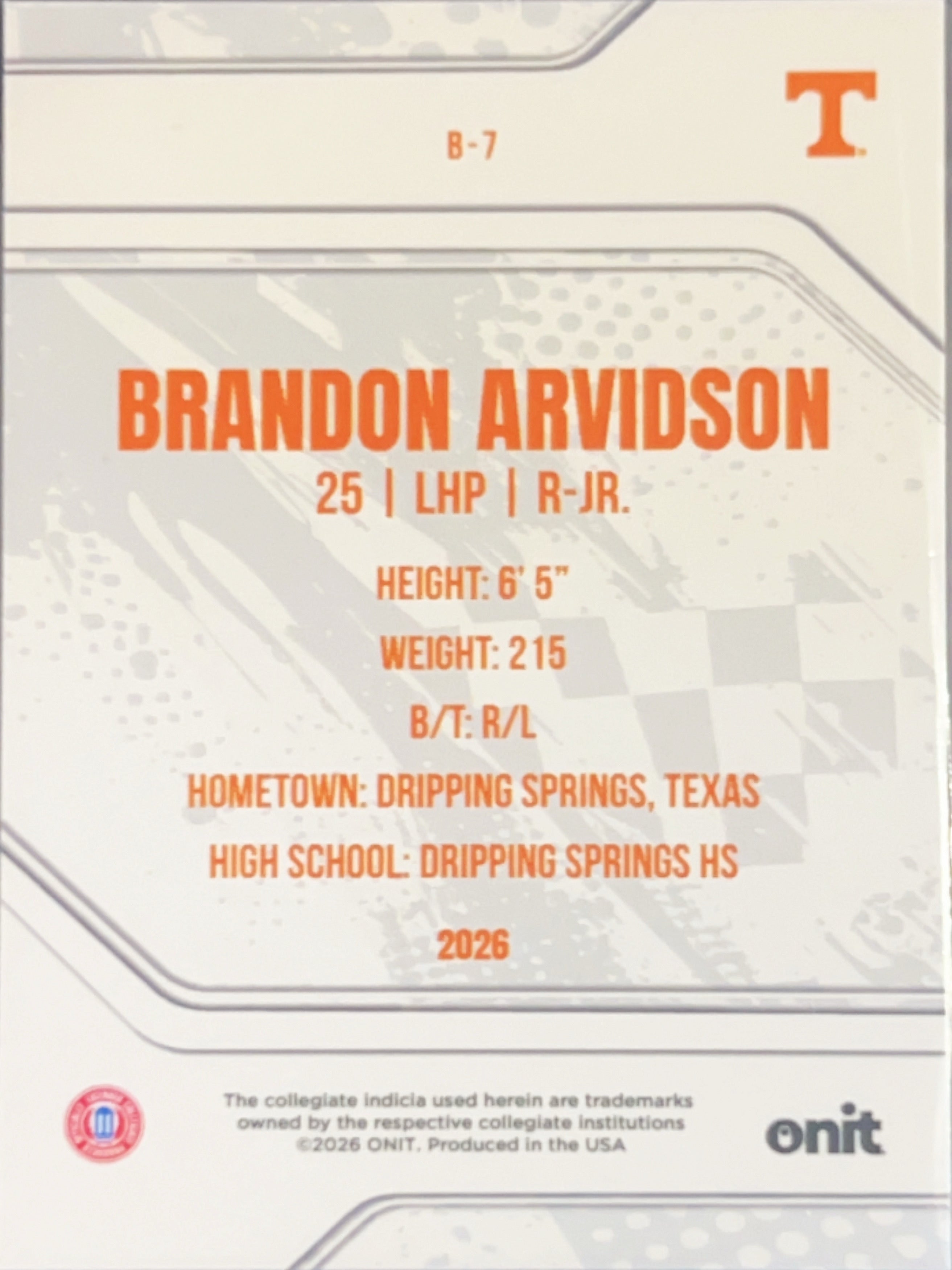 2026 ONIT Tennessee Baseball Brandon Arvidson #B-7