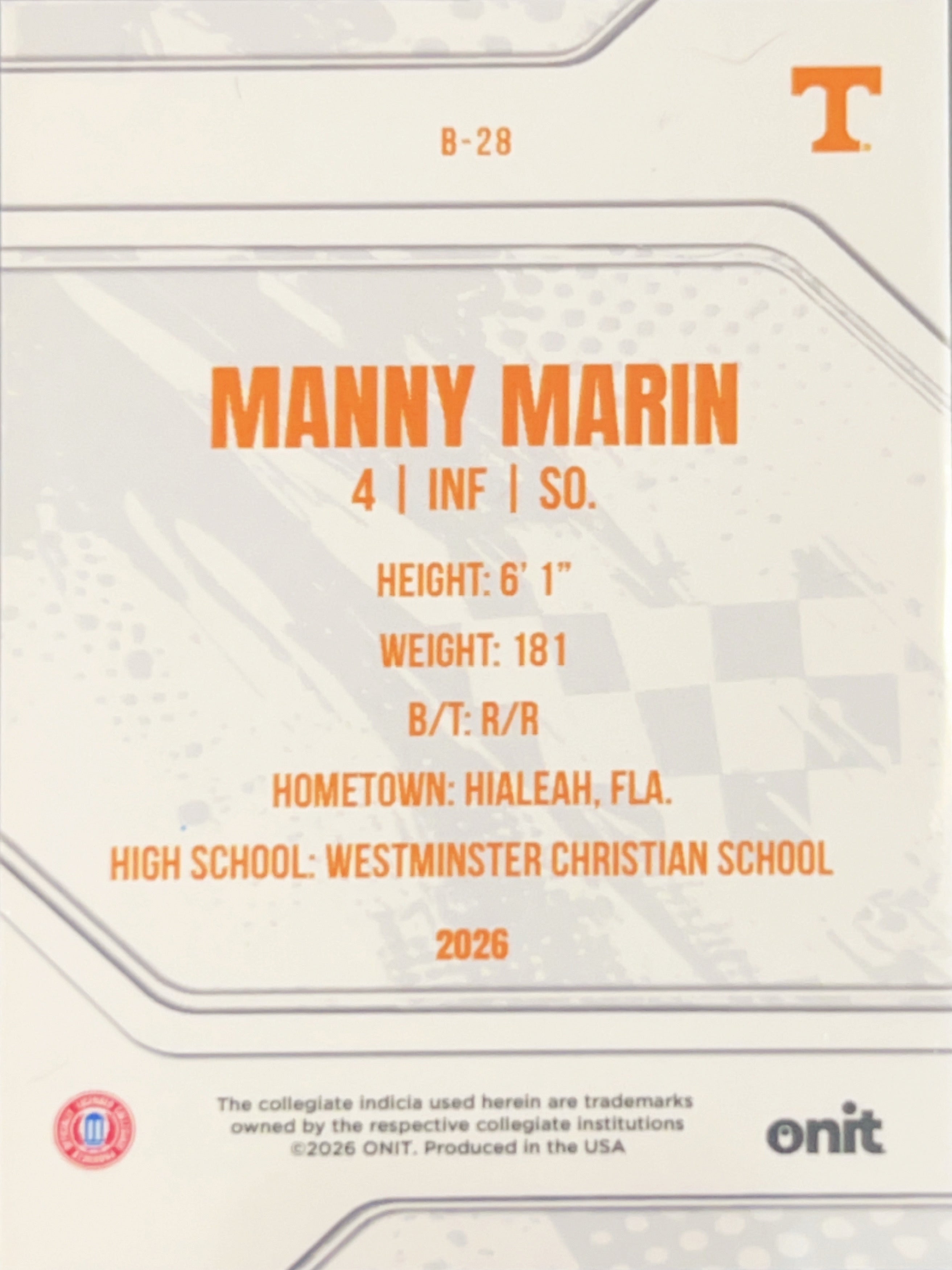 2026 Onit Tennessee Baseball Manny Marin #B-28