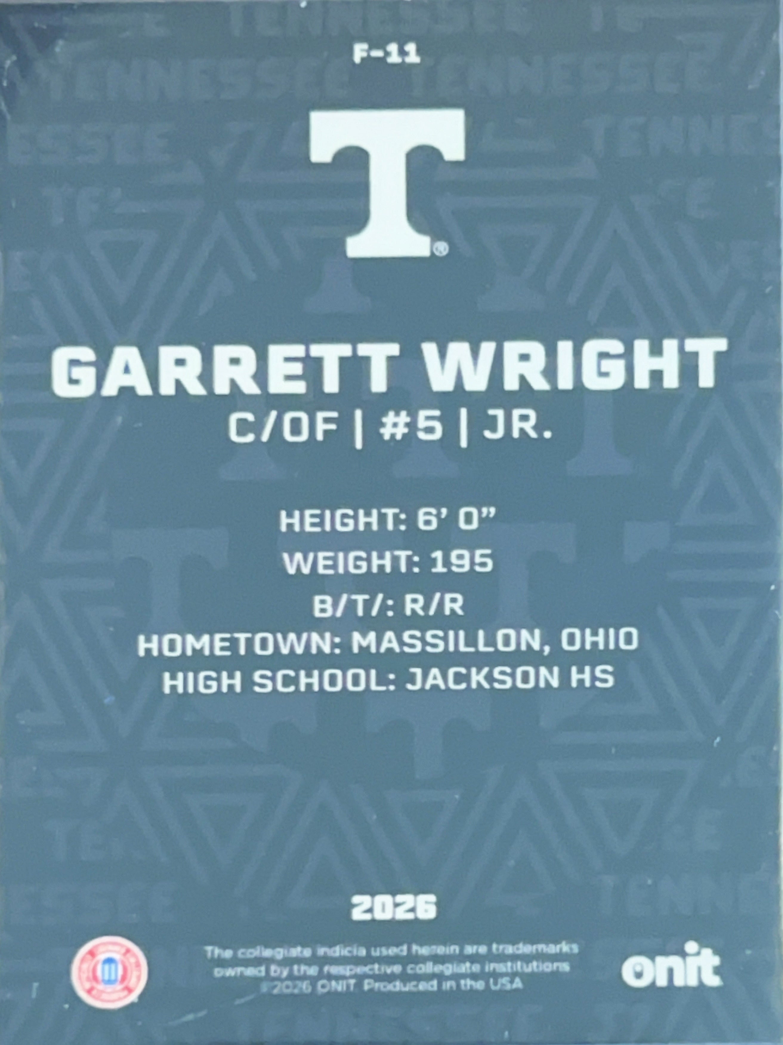 2026 ONIT Tennessee Baseball Garrett Wright #F-11