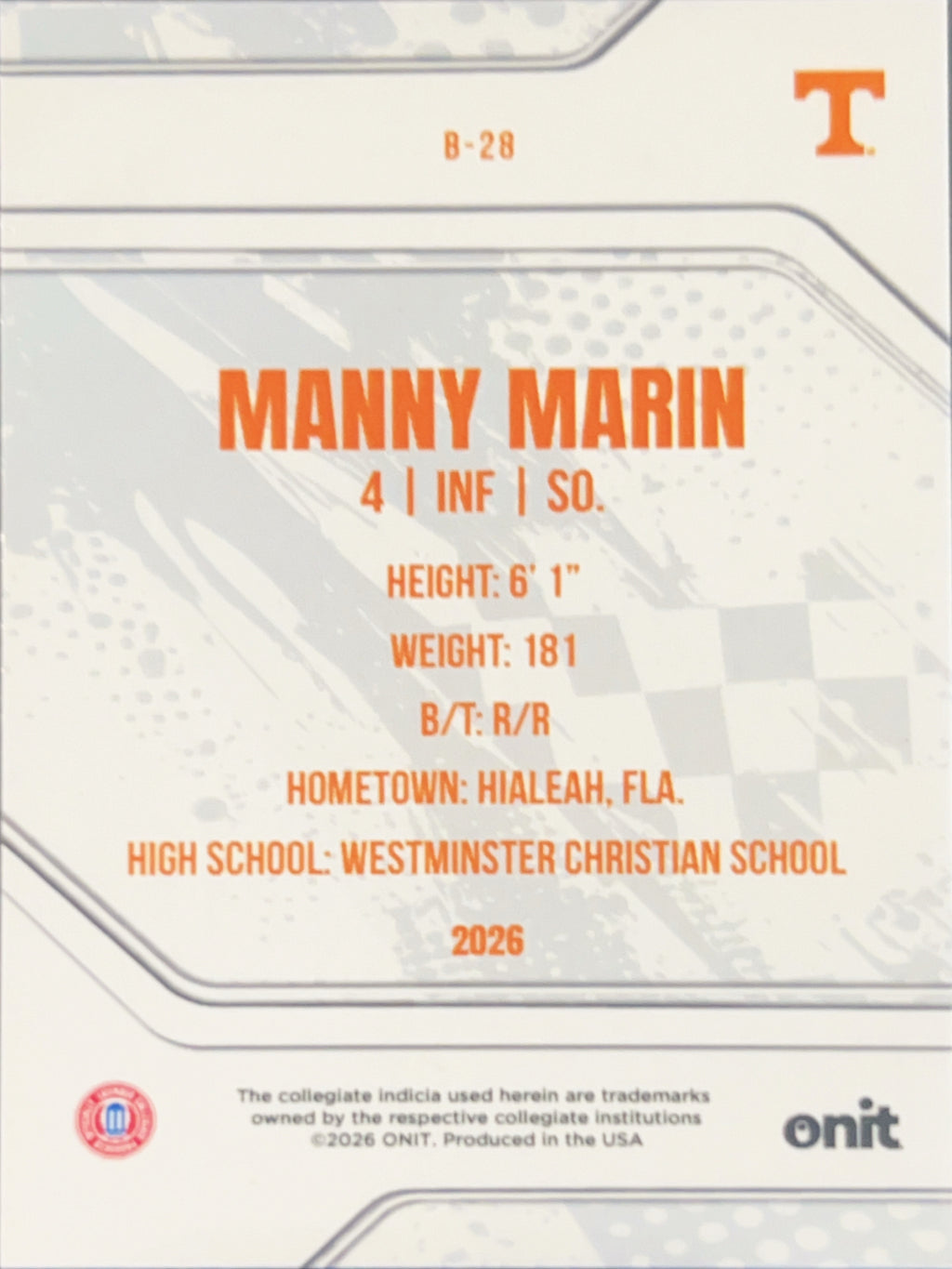 2026 ONIT Tennessee Baseball Manny Marin #B-28