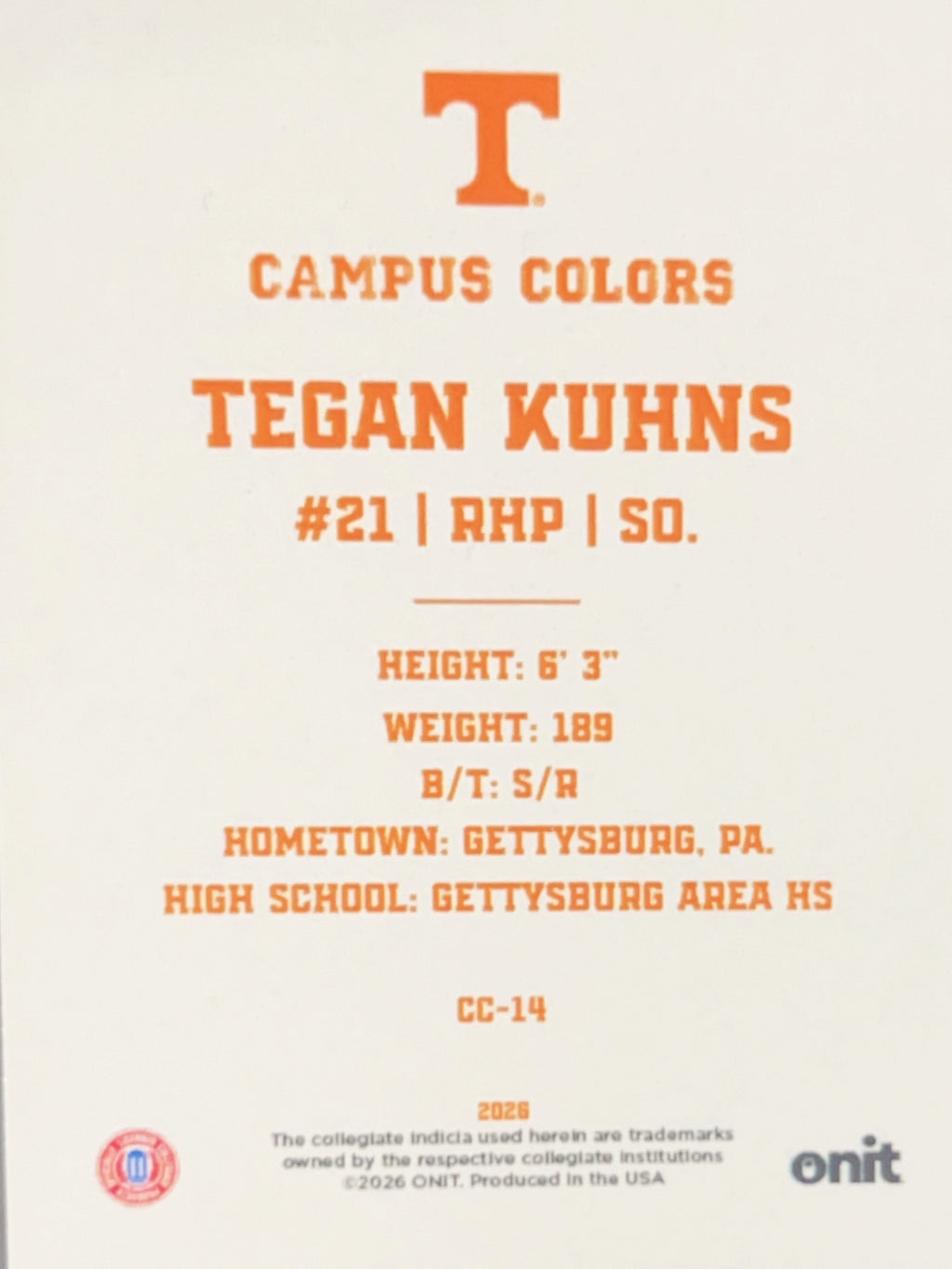2026 ONIT Gameday Campus Colors Tegan Kuhns #CC-14