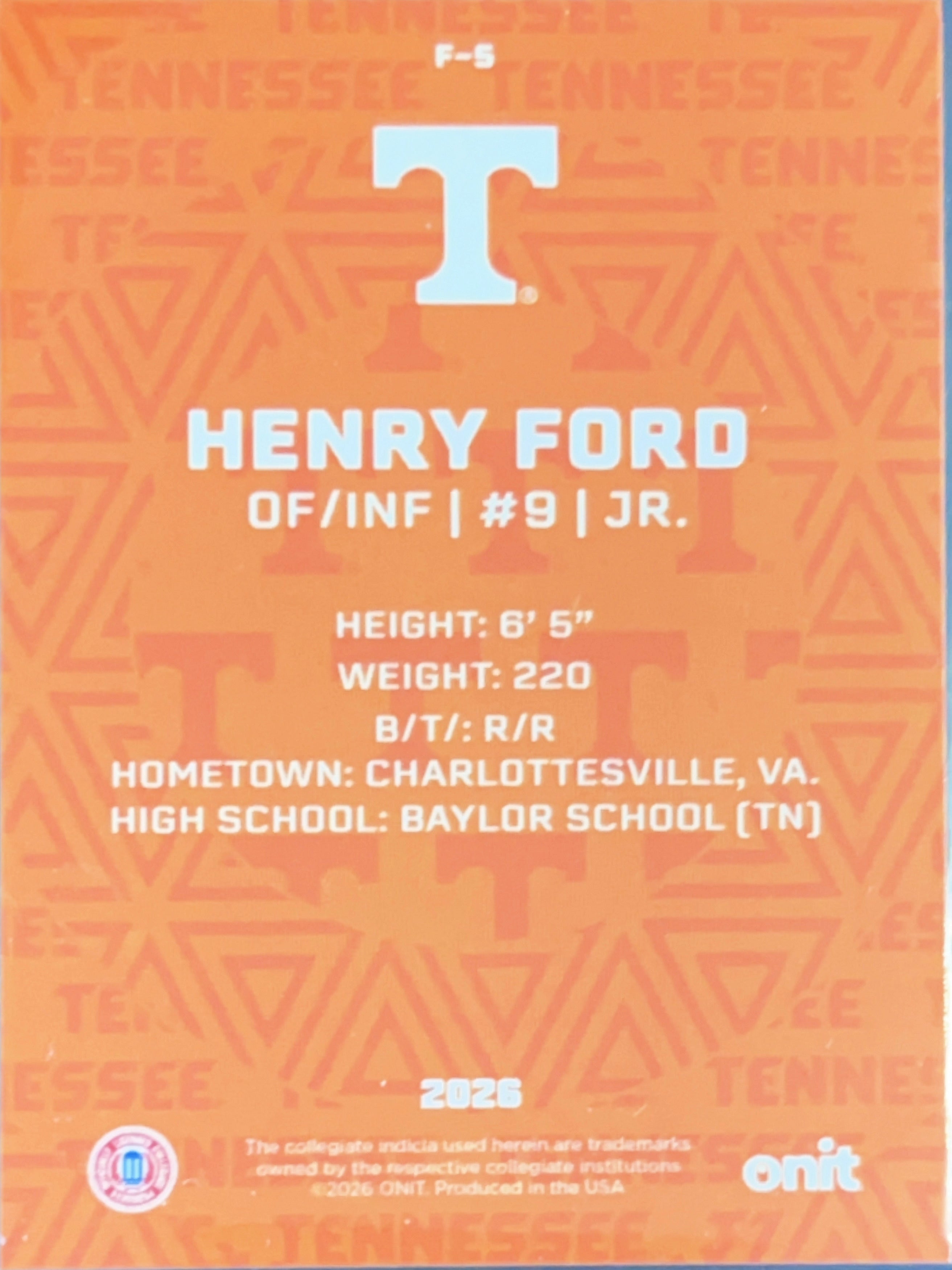 2026 ONIT Tennessee Baseball Henry Ford #F-5