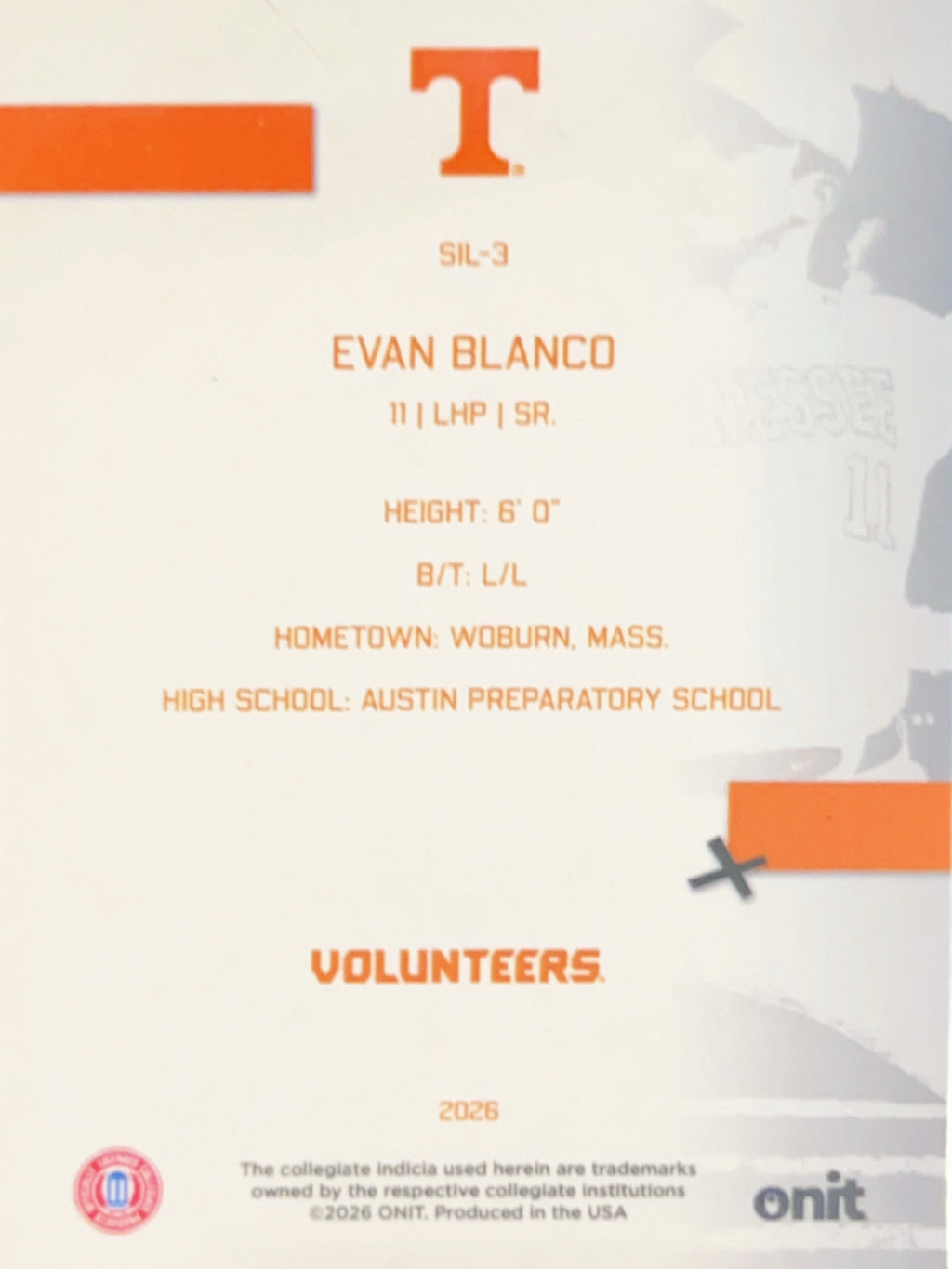 2026 ONIT Tennessee Baseball Evan Blanco #SIL-3
