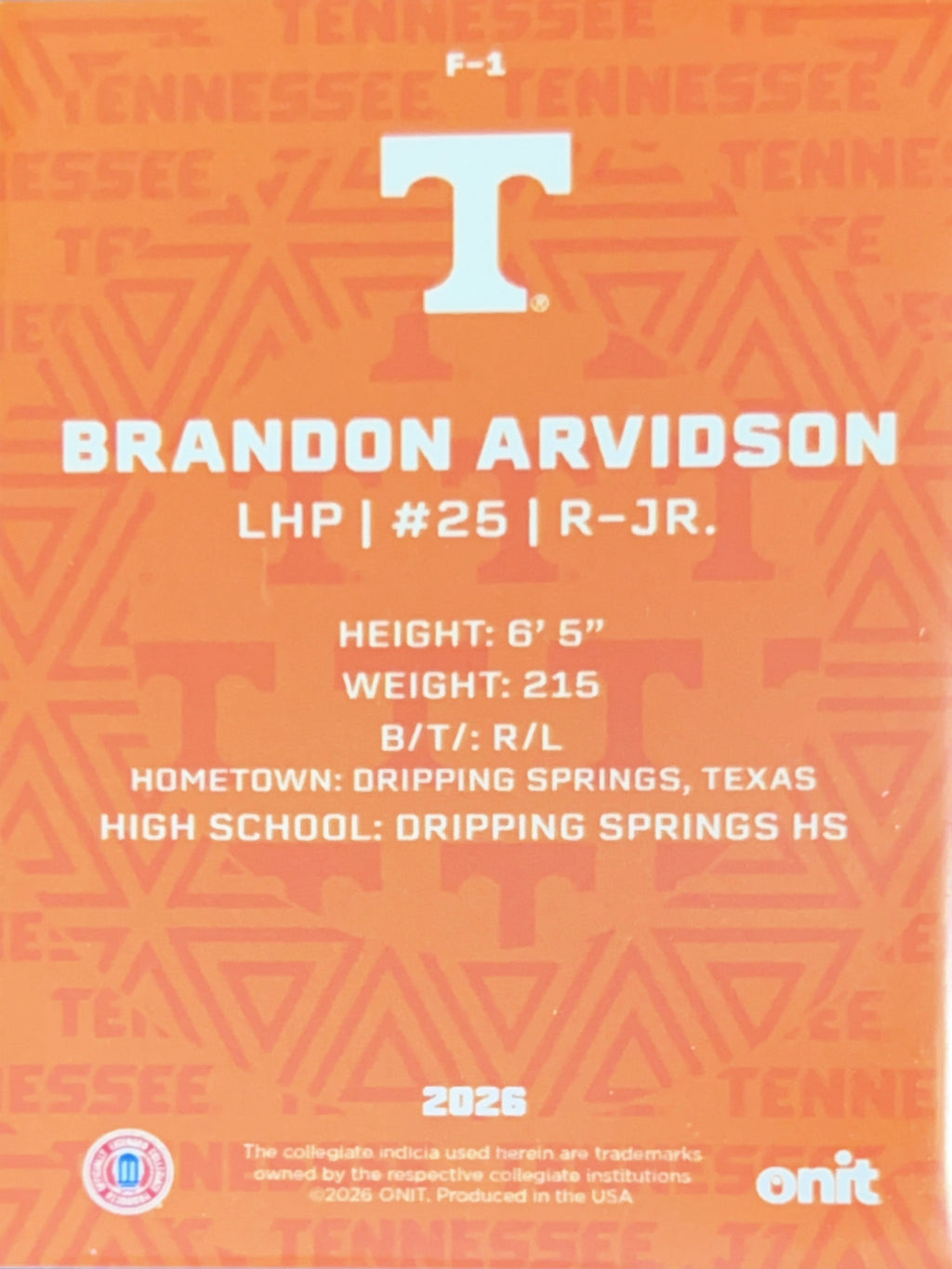2026 ONIT Tennessee Baseball Brandon Arvidson #F-1