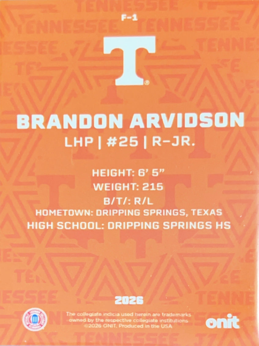2026 ONIT Tennessee Baseball Brandon Arvidson #F-1