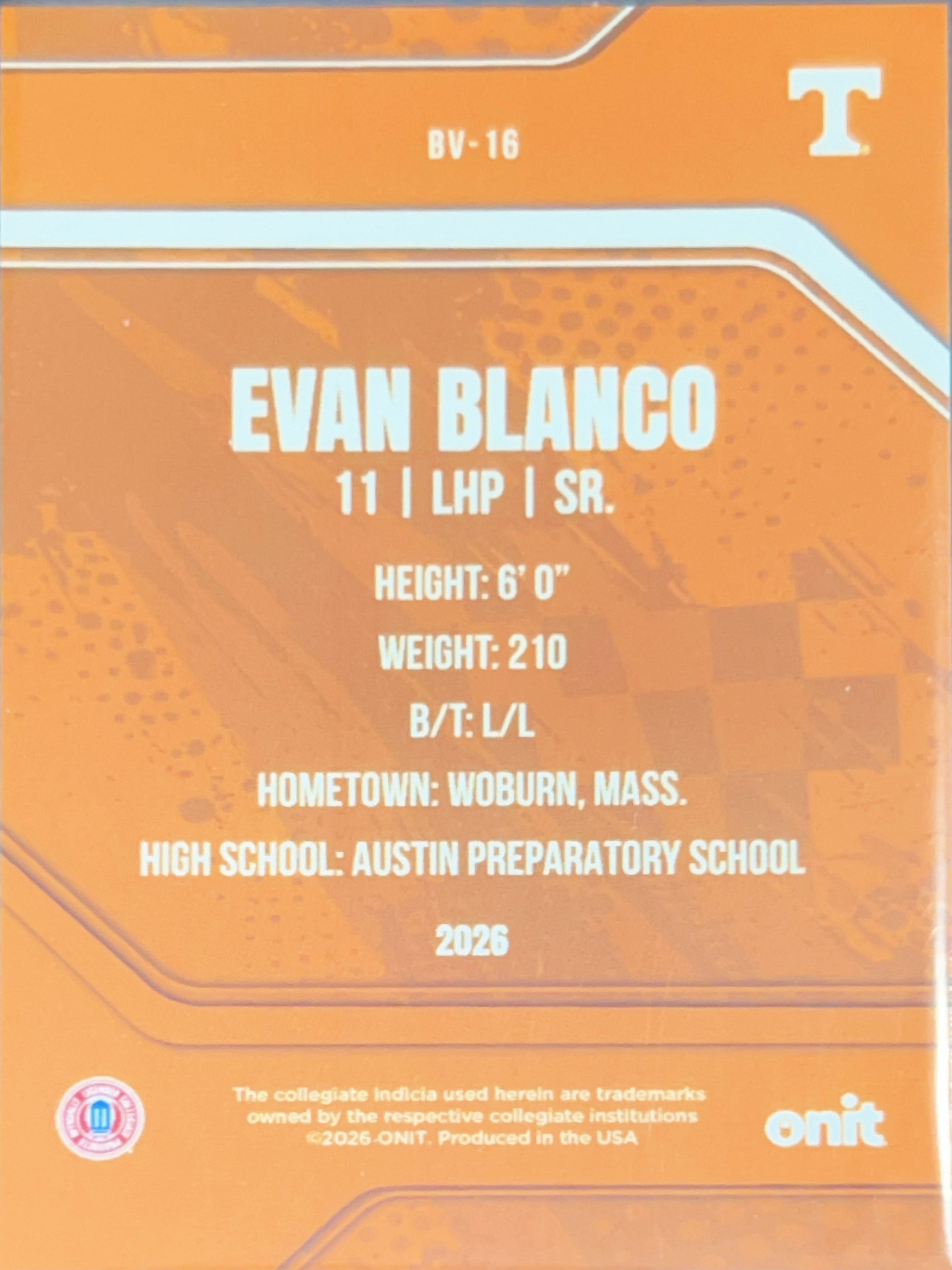 2026 ONIT Tennessee Baseball Evan Blanco #BV-16