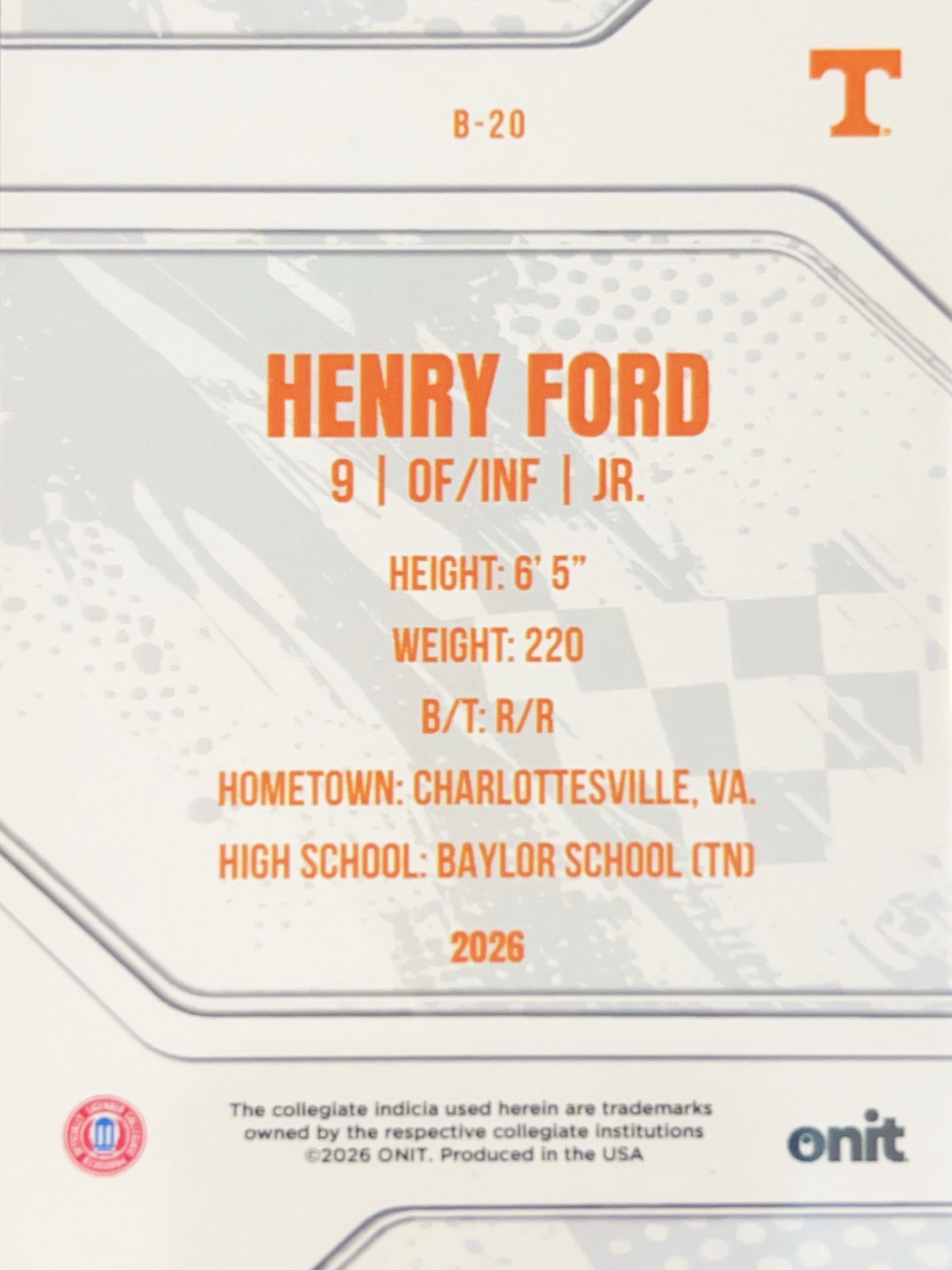 2026 ONIT Tennessee Baseball Henry Ford #B-20