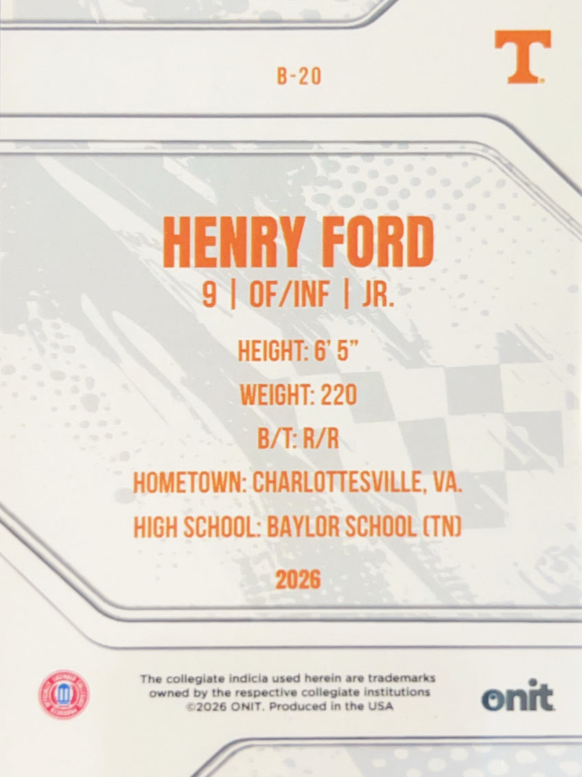 2026 ONIT Tennessee Baseball Henry Ford #B-20