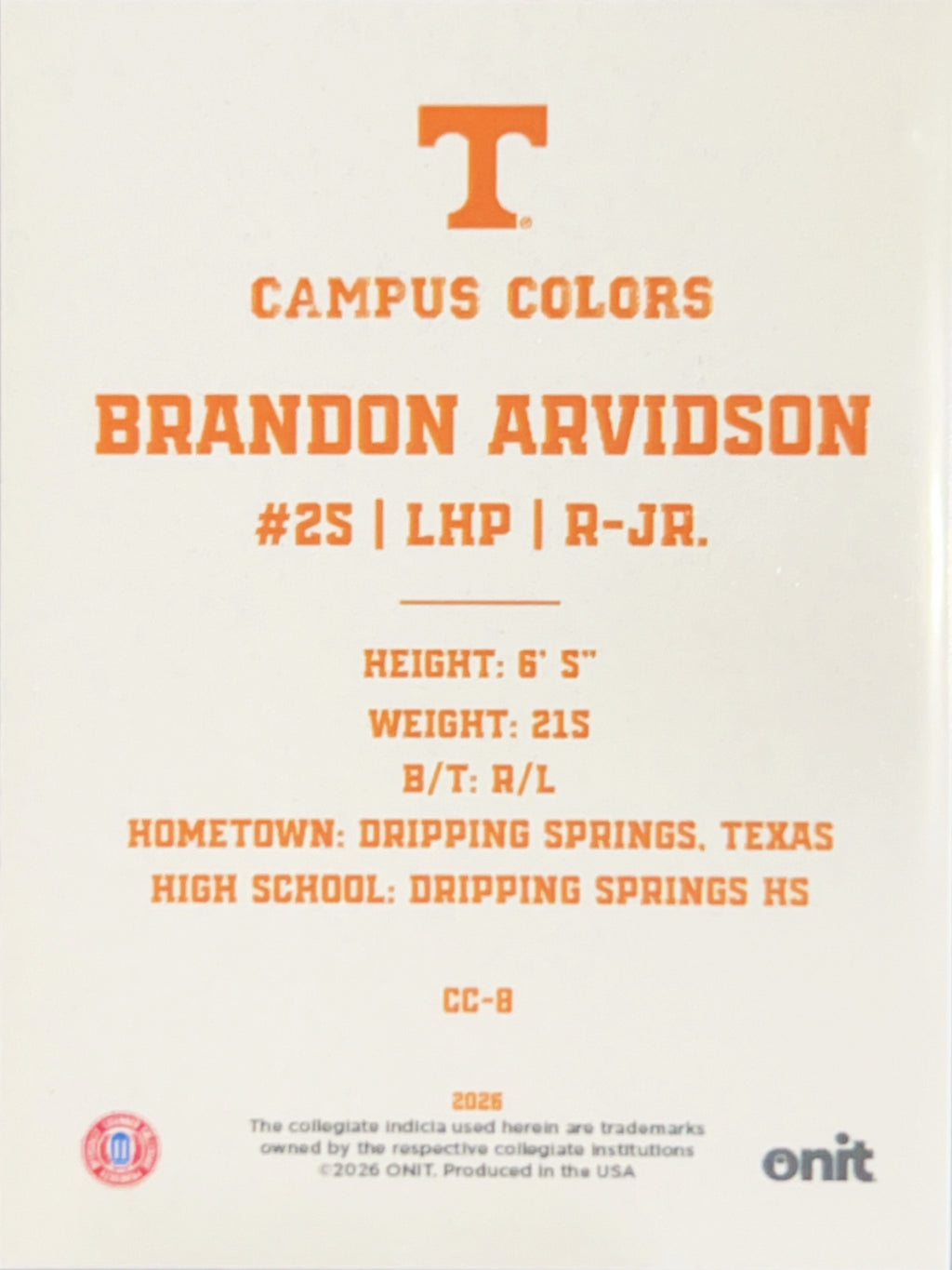 2026 ONIT Campus Colors Brandon Arvidson #CC-8