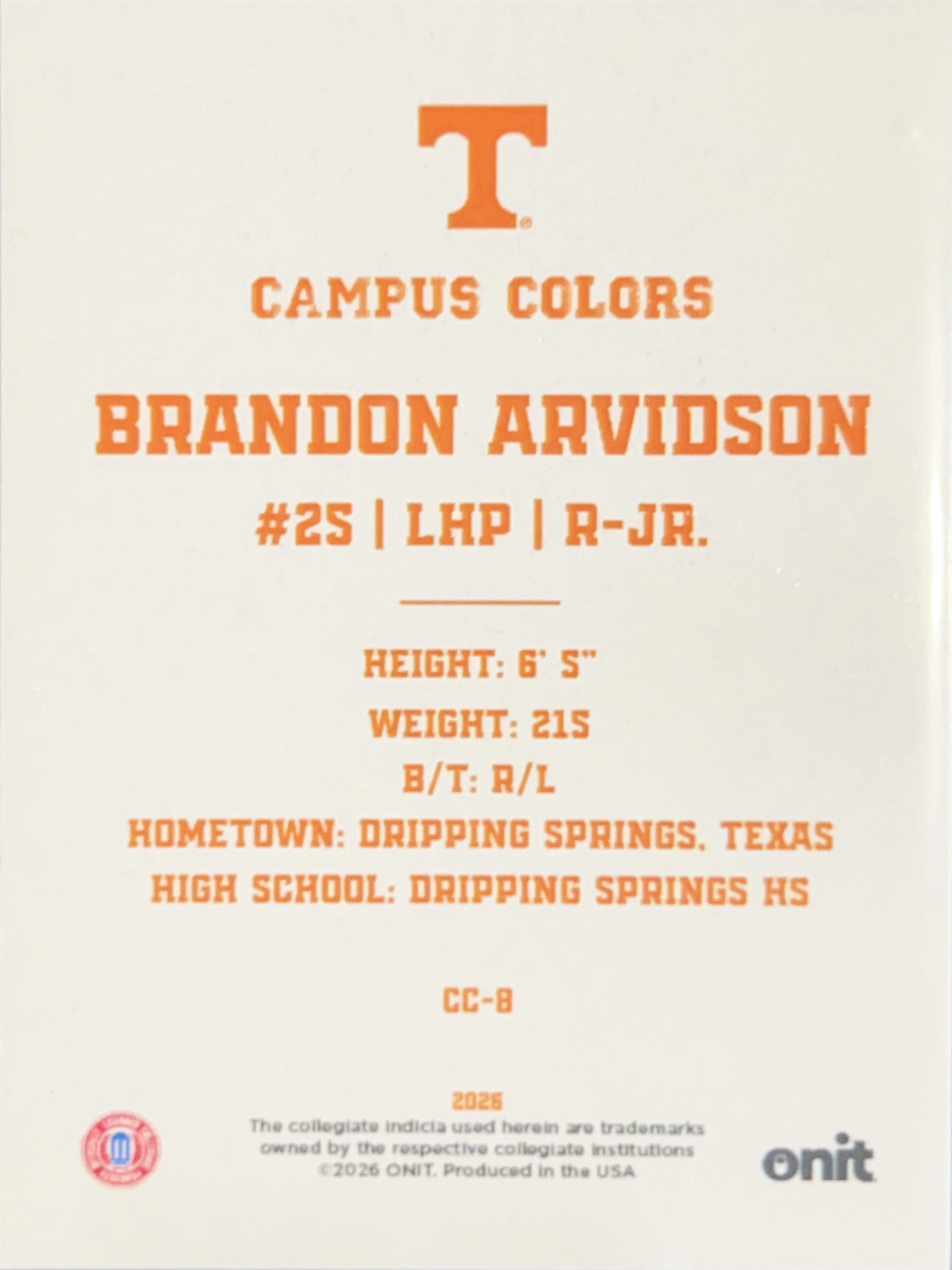 2026 ONIT Campus Colors Brandon Arvidson #CC-8