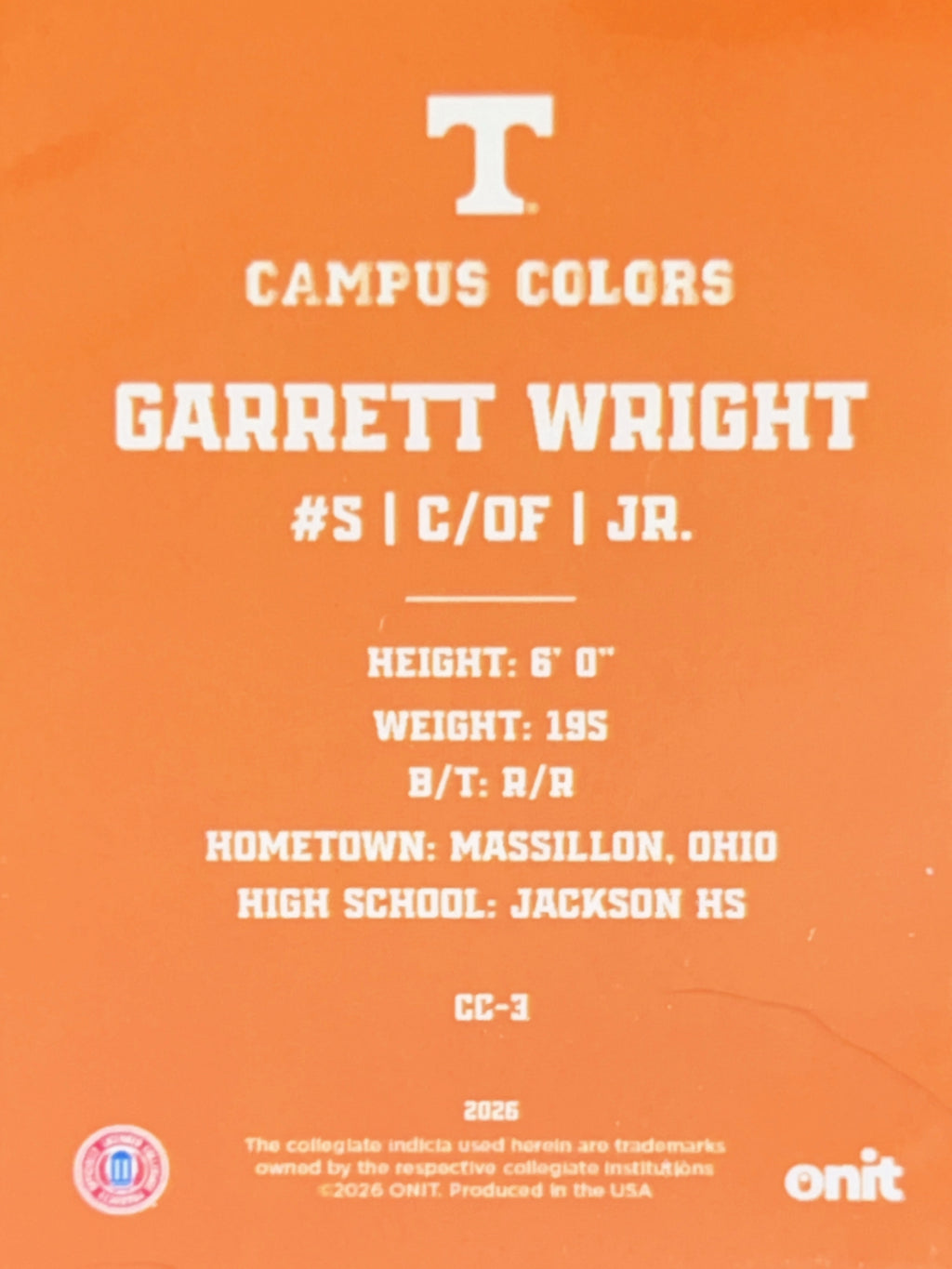 2026 ONIT Campus Colors Garrett Wright #CC-3