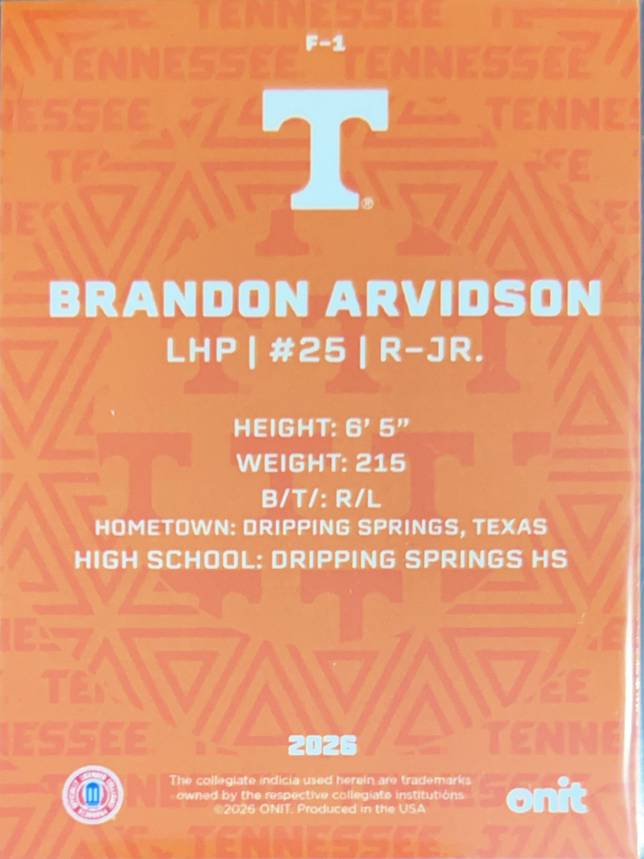 2026 ONIT Tennessee Baseball Brandon Arvidson #F-1