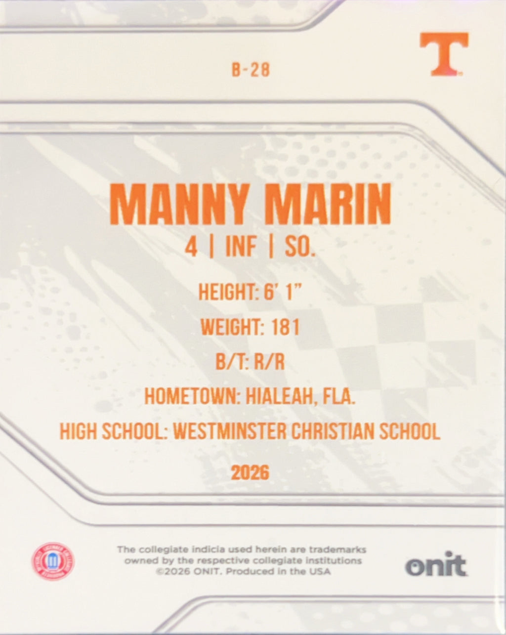 2026 ONIT Tennessee Baseball Manny Marin #B-28