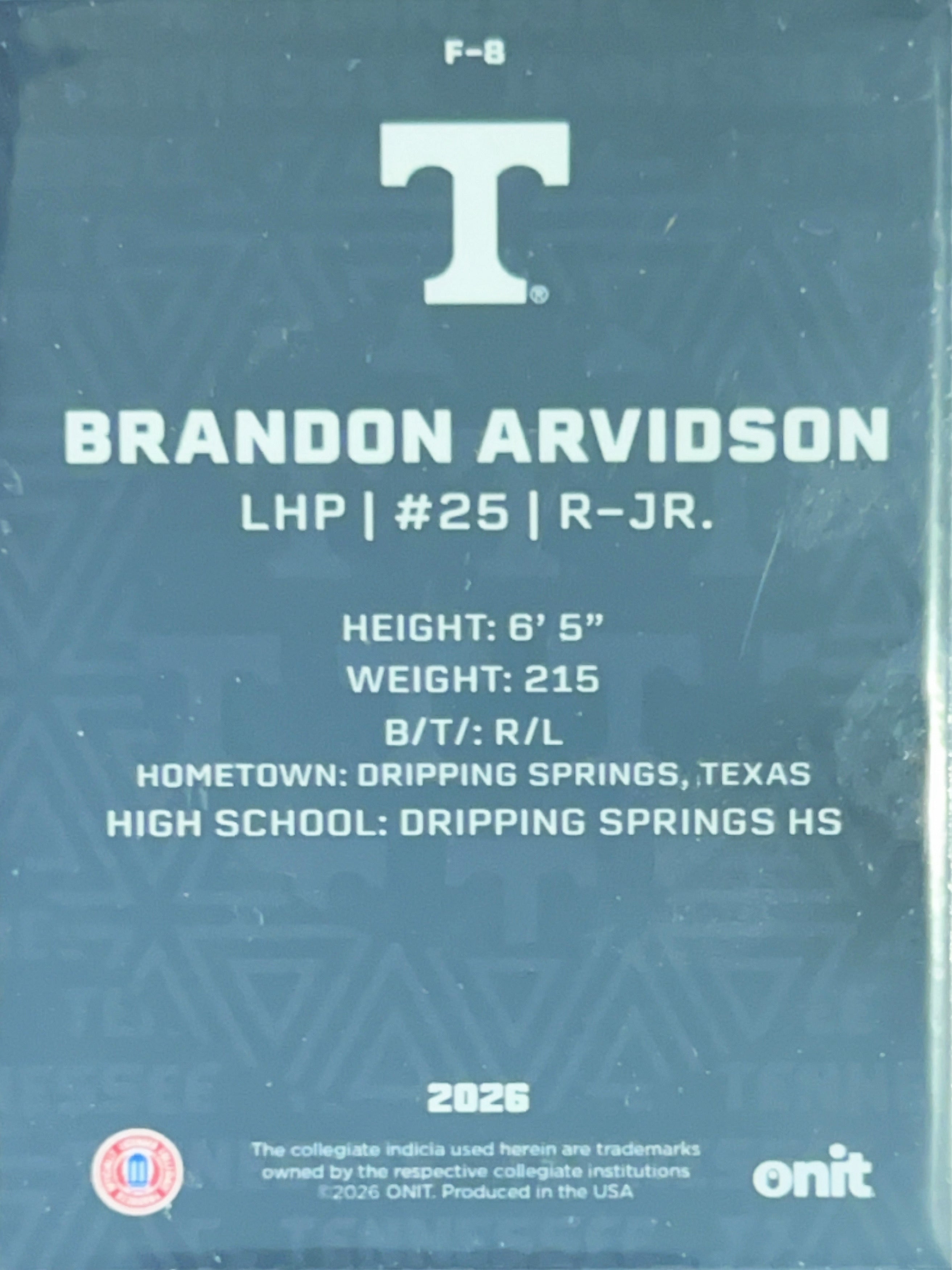 2026 ONIT Tennessee Baseball Brandon Arvidson #F-8
