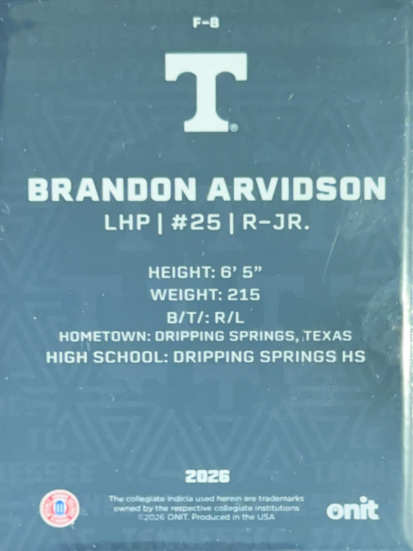 2026 ONIT Tennessee Baseball Brandon Arvidson #F-8